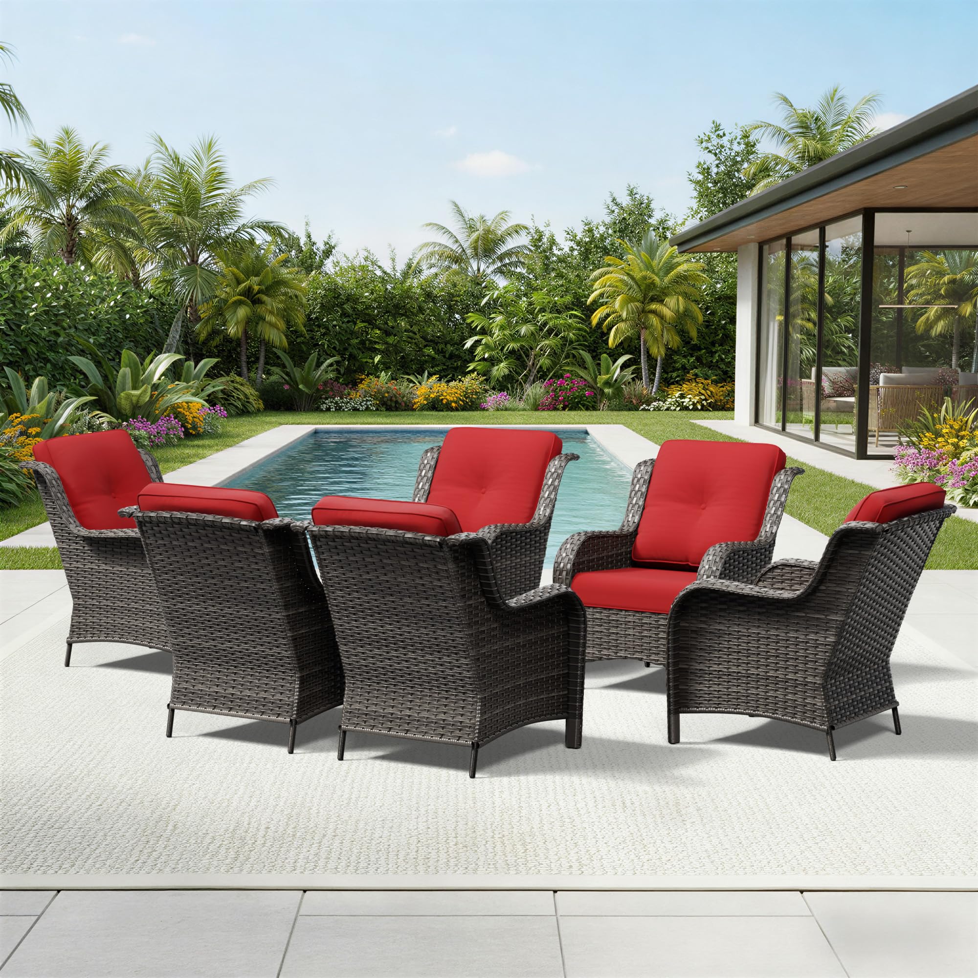 Joyside 6 Piece Wicker Patio Furniture Set, Rattan Patio Chairs with High Back, Deep Seating, Wide Armrest, Thickened Cushions, Outdoor Furniture for Deck, Porch Use