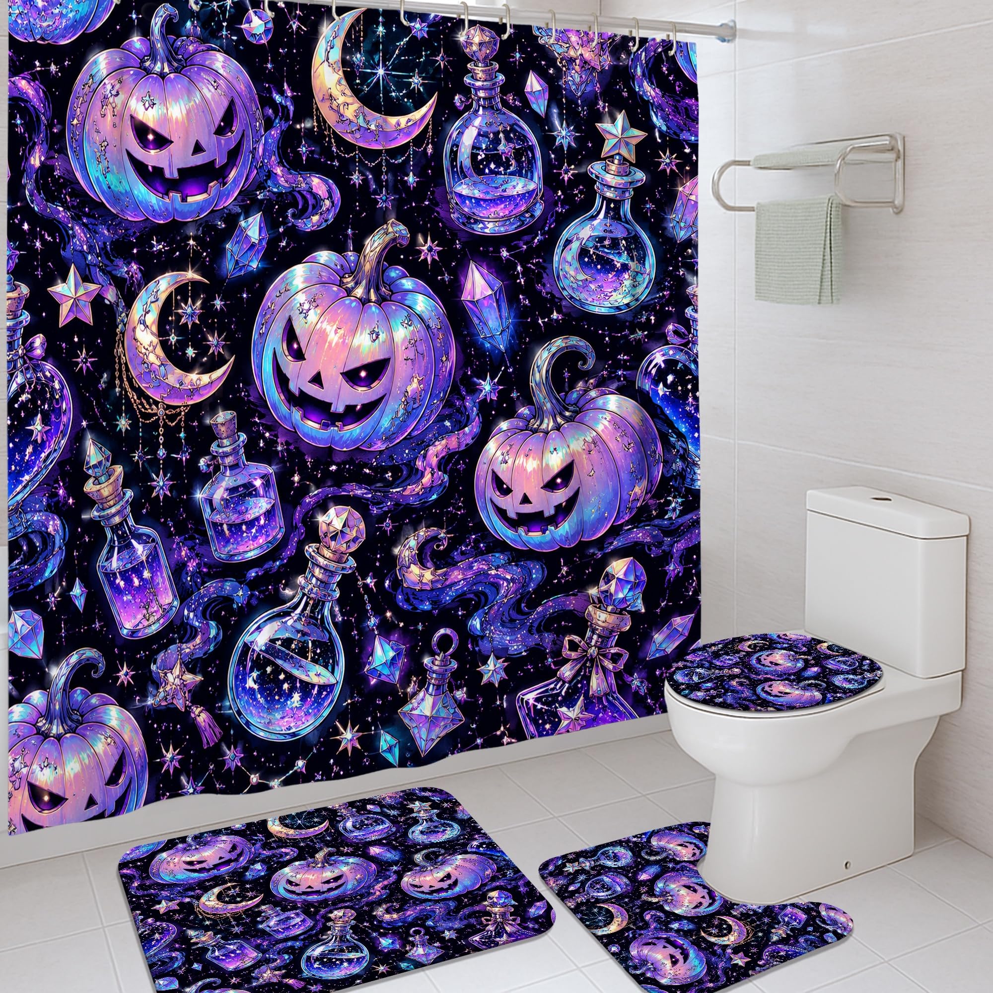 Rideau de douche motif citrouilles pour décoration de salle de bain d'Halloween