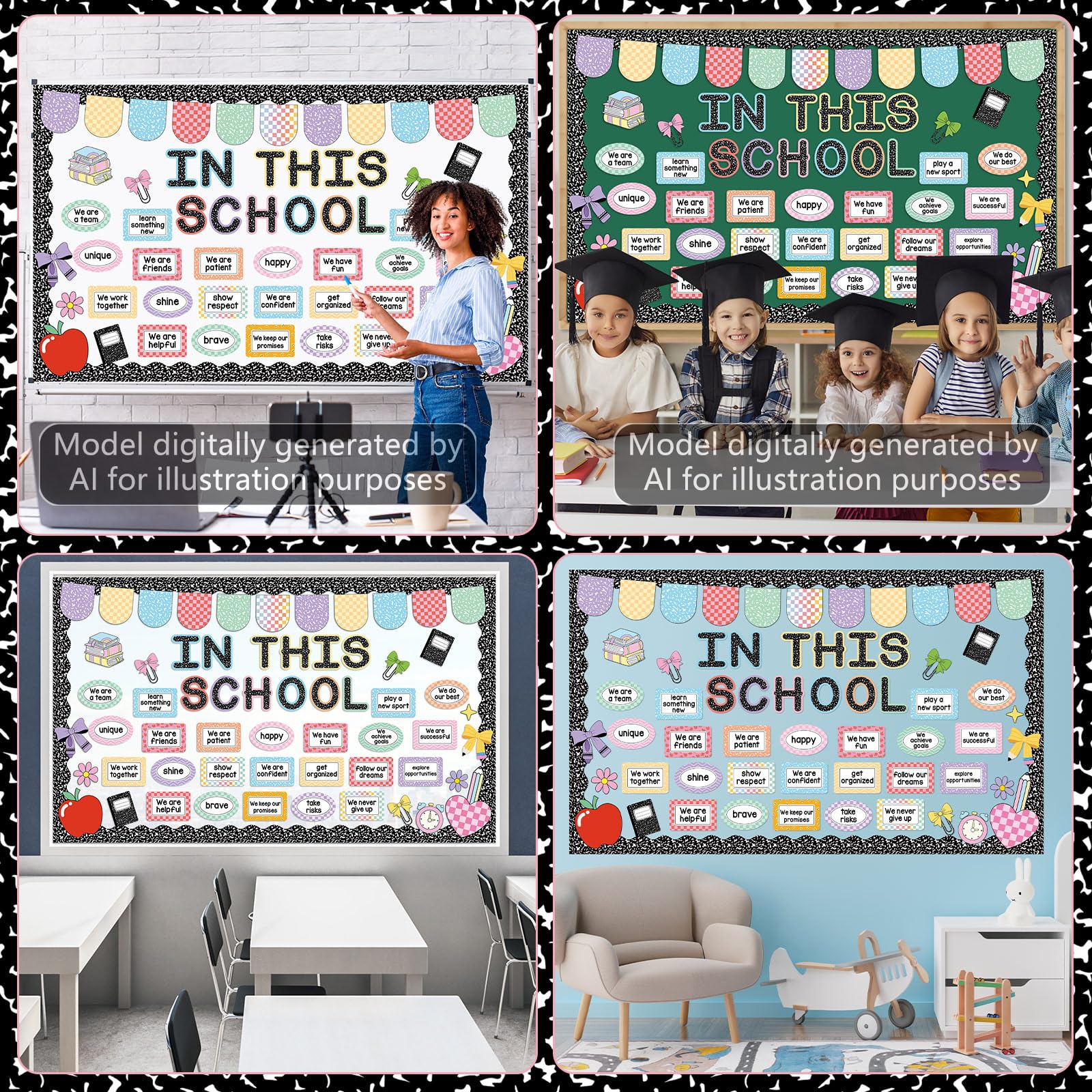 In This School - Tablero de anuncios motivacional para decoración de aula, estación de afirmación, composición tablón de anuncios inspirador positivo para volver a la escuela, recortes para el aula