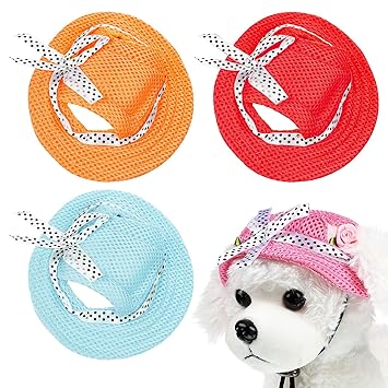 4 Pieces Dog Princess Hat Round Brim Pet Baseball Hat Dog Mesh Porous Cap with Ear Holes Pet Outdoor Sun Protection Sunbonnet Dog Hat for Small Medium and Large Dogs (Small)