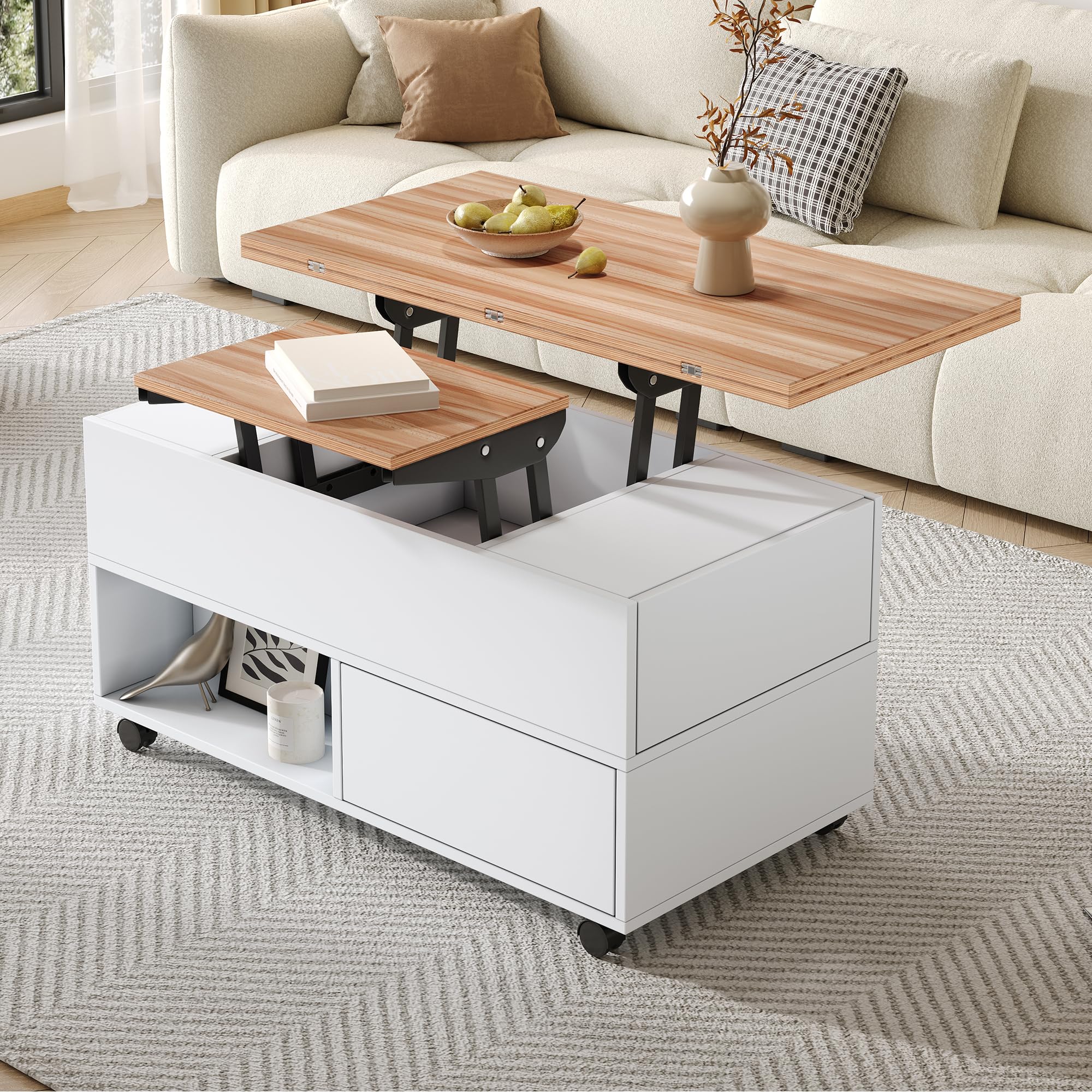 Mesa de centro 100 x 50 x 52 cm con 4 ruedas, mesa de salón multifuncional con 4 cajones, mesa de café elevable, mesa de sofá, mesa auxiliar y mesa de comedor con espacio de almacenamiento, color