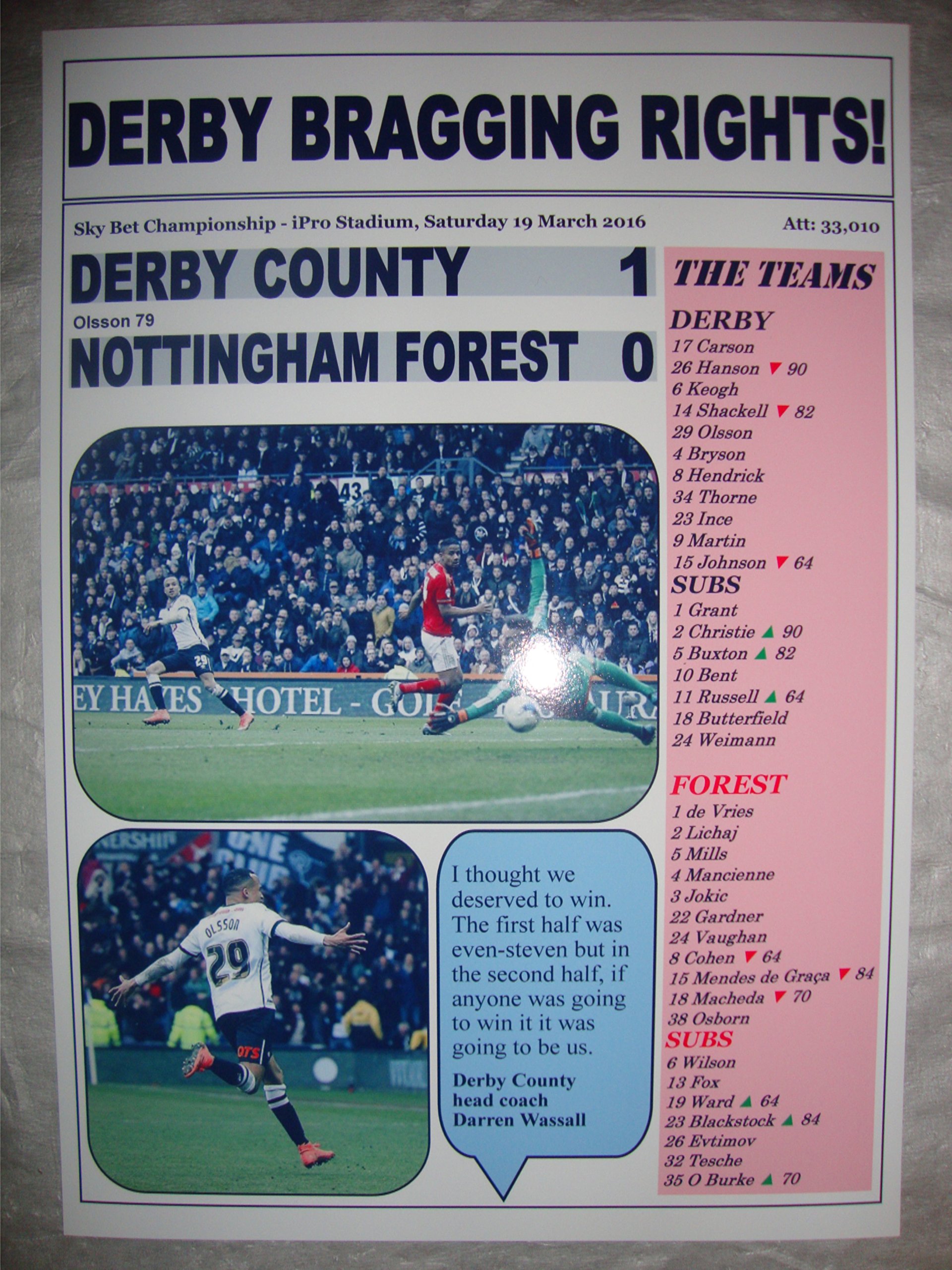 Lilywhite Multimedia Derby County 1 Nottingham Forest 0 - 2016 - Souvenir Print