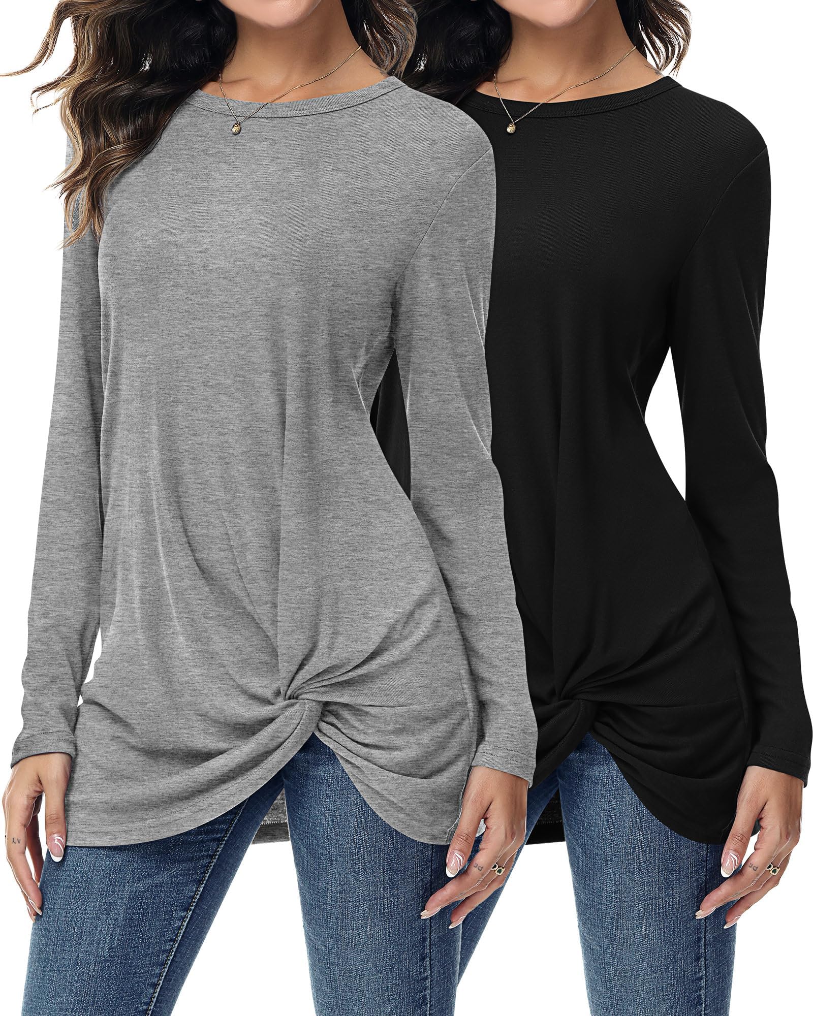 Ficerd2 Pcs Womens Long Sleeve Shirts Casual Tops Twist Knot Tunic Tops Loose Blouses Tees