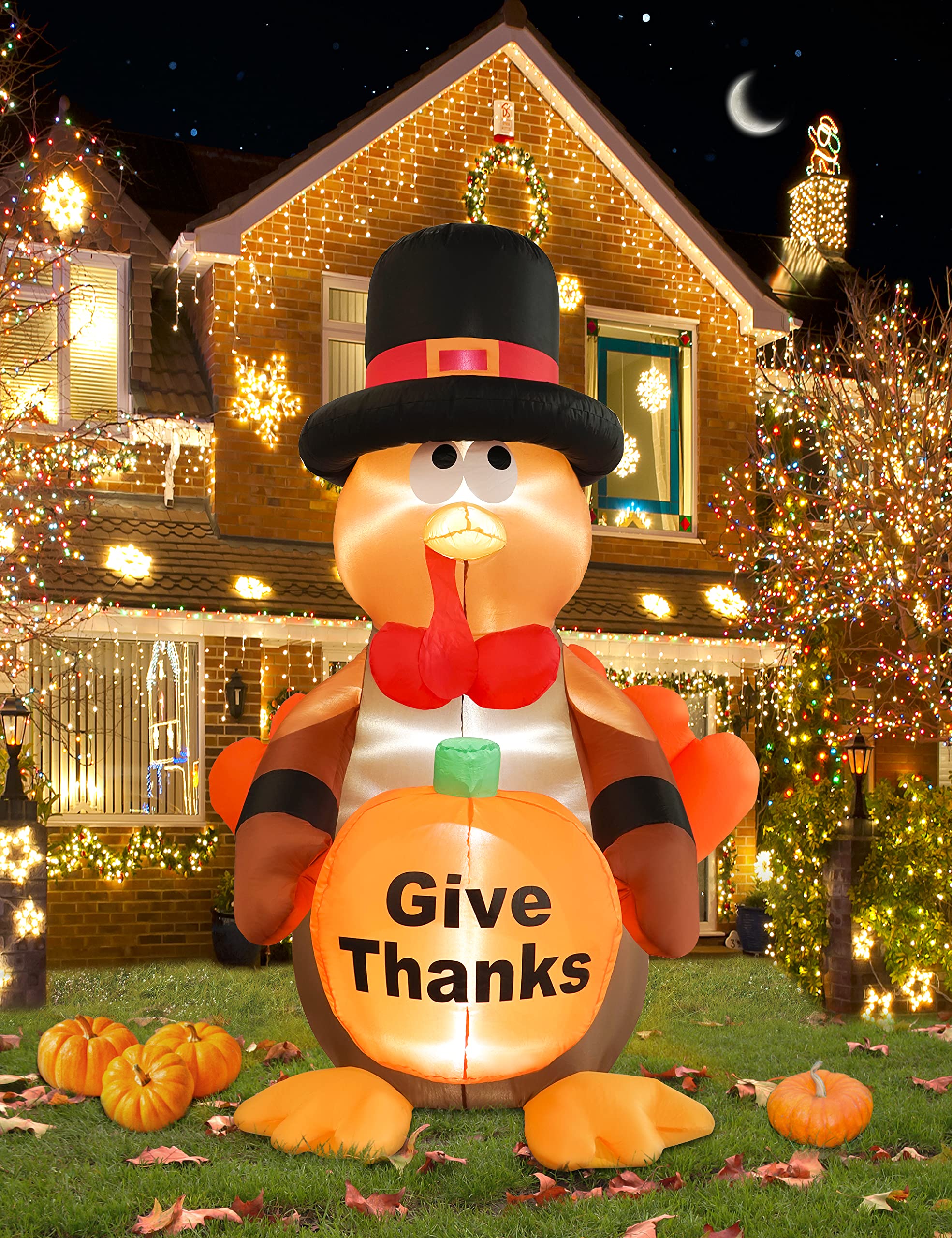 HOPOCO6ft Thanksgiving Inflatables Turkey Outdoor Decorations, Blow up Turkey Pumpkin Inflatables Built-in LED Lights with Stakes, Tethers, Thanksgiving Decorations for Outdoor Yard Lawn Garden