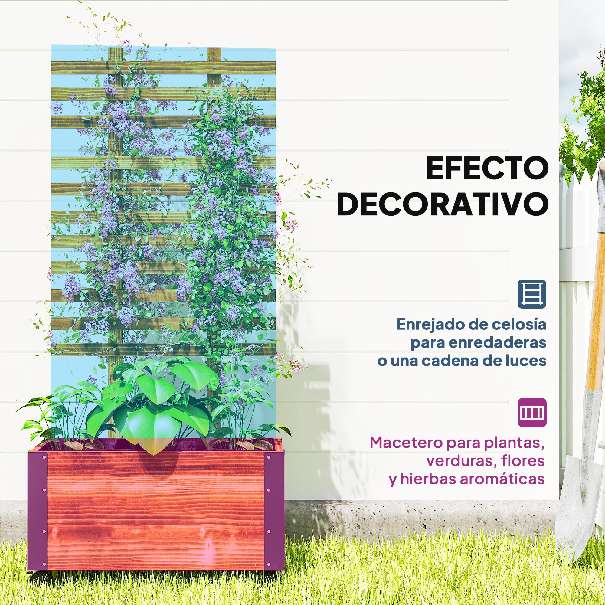 Outsunny Jardinera Exterior Grande de Madera Jardinera con Celosía para Plantas Trepadoras Tela no Tejida Ruedas y Esquinas Metálicas de Doble Capa para Patio Terraza 65x31x147 cm Carbonizado
