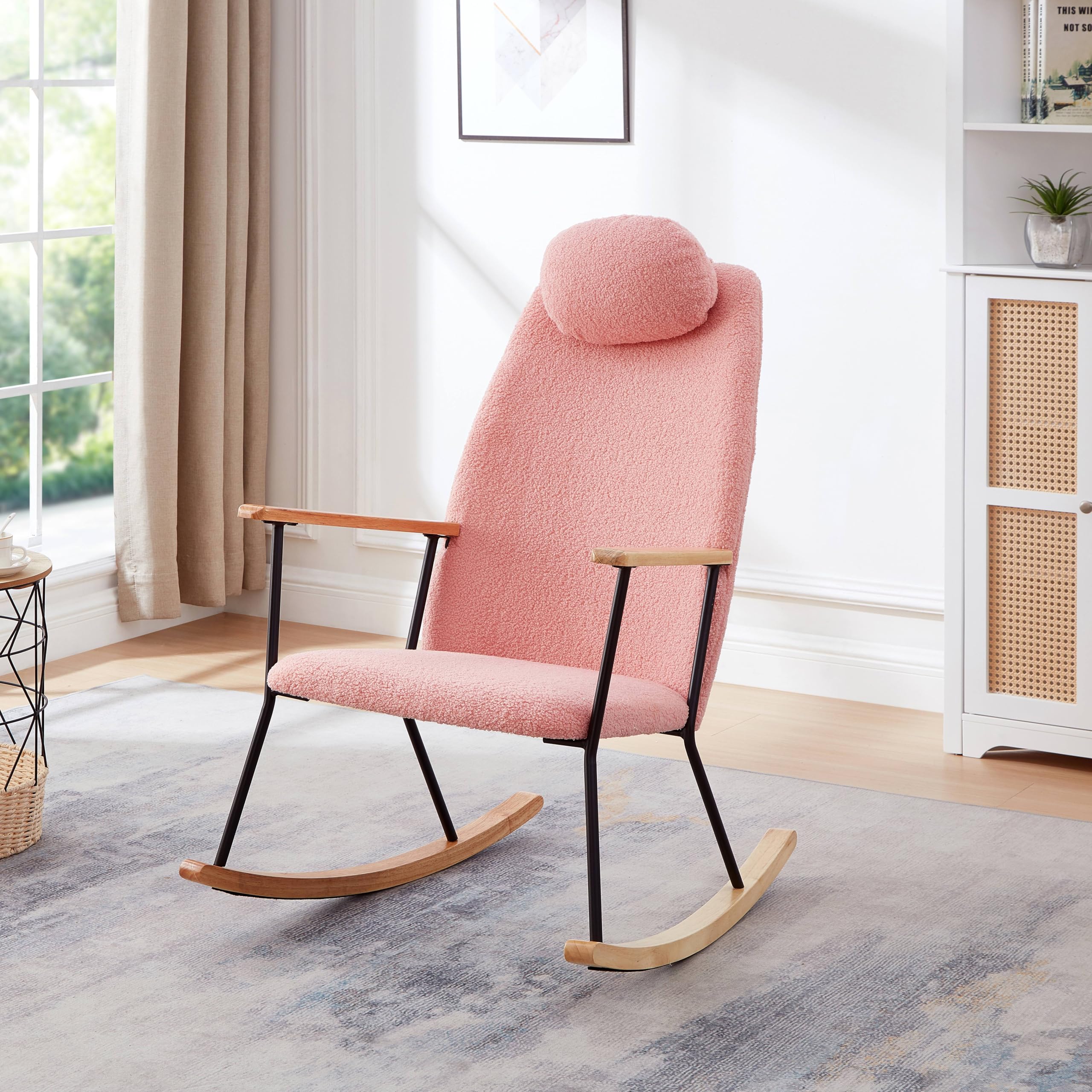 Adjustable Headrest Pillow Rocking Chair, Technical Leather Upholstered Glider Rocker with High Backrest, Modern Rocking Accent Chairs Comfy Side Chair for Nursery, Bedroom, Living Room (Pink)