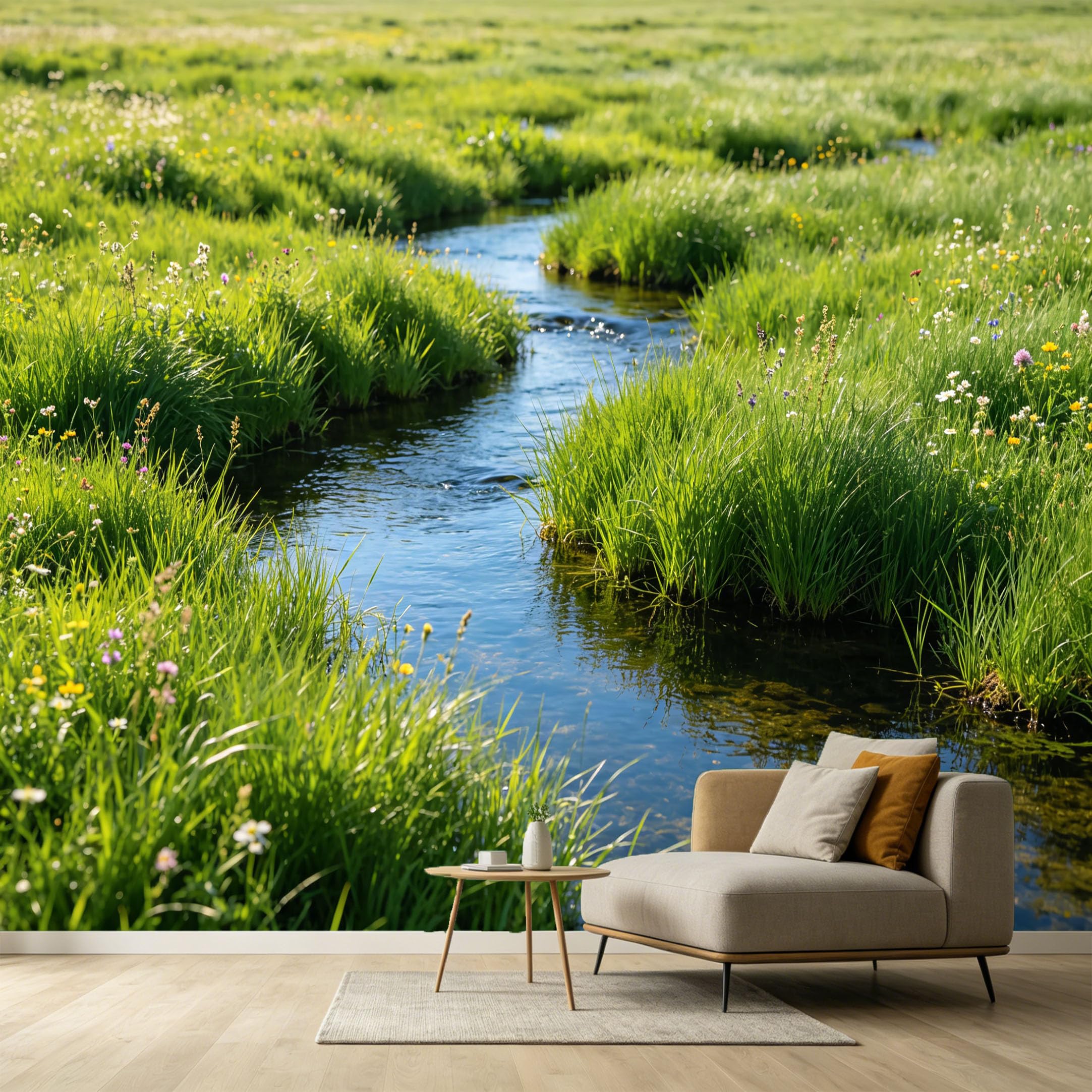 Custom Size Wall Murals Serene Meadow Stream Landscape Botanical Wildflower Field SelfAdhesive Wall Fabric Removable Large Wallpaper for Photo Living Room