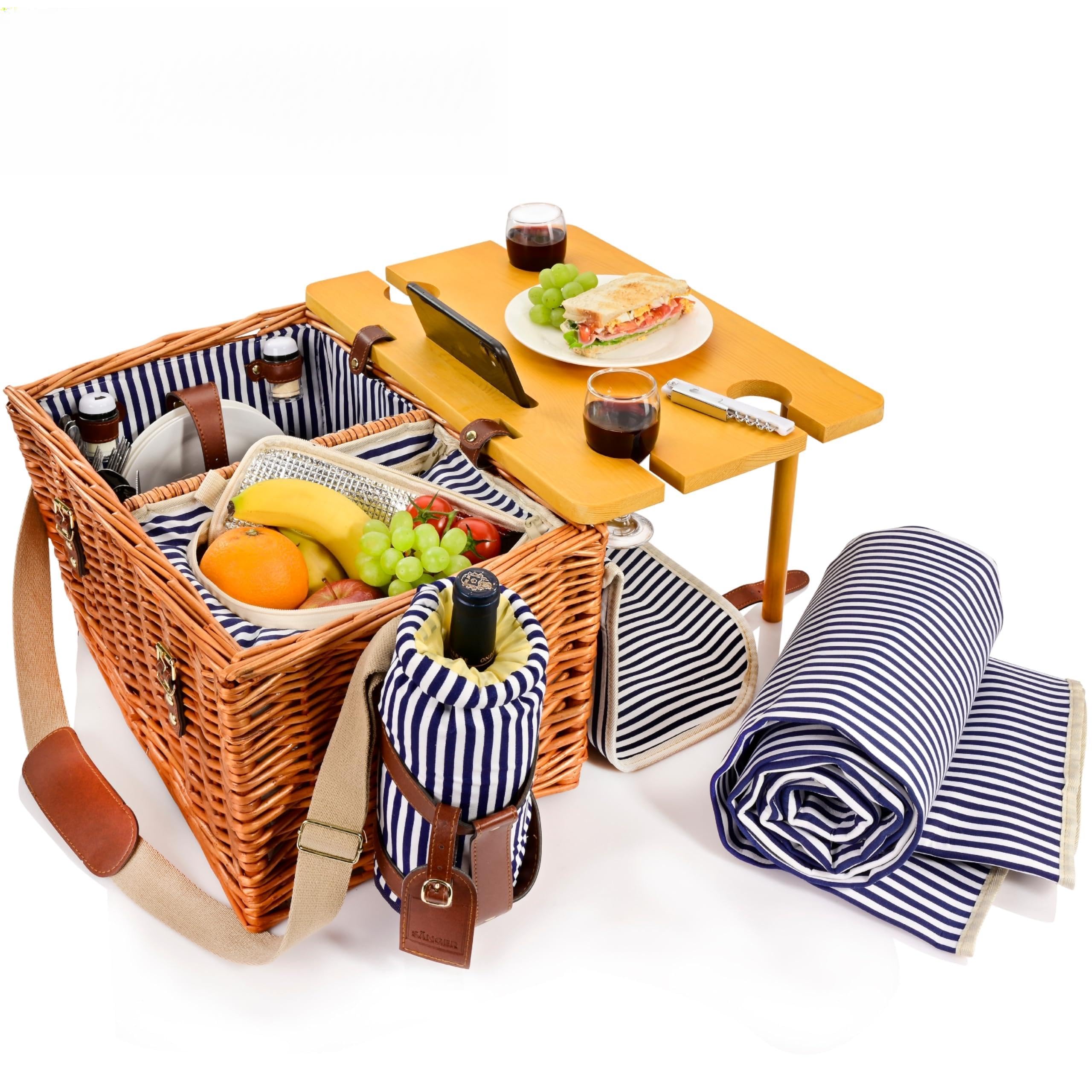 SÄNGER | Picknickkorb Borkum, 25-teiliges Set für 4 Personen, Großer Picknickkorb mit integriertem Tisch, Kühltasche, Picknickdecke & Geschirr, Komplett-Set