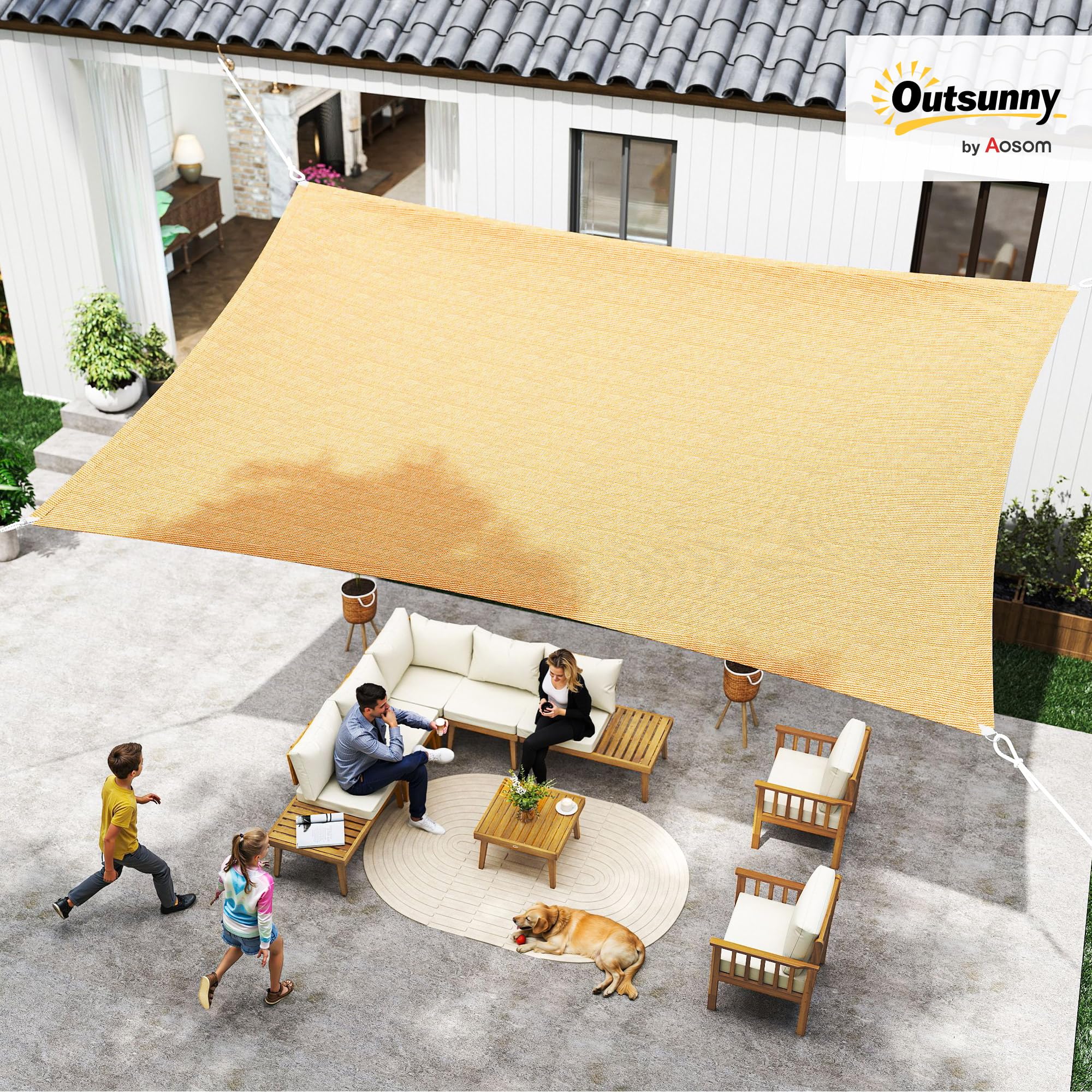 Outsunny Toldo Vela de Sombra Rectangular 4x6 m Toldo de Terraza de HDPE con Anti-UV Anillo de Acero Inoxidable y Cuerdas de Nylon para Jardín Patio Arena
