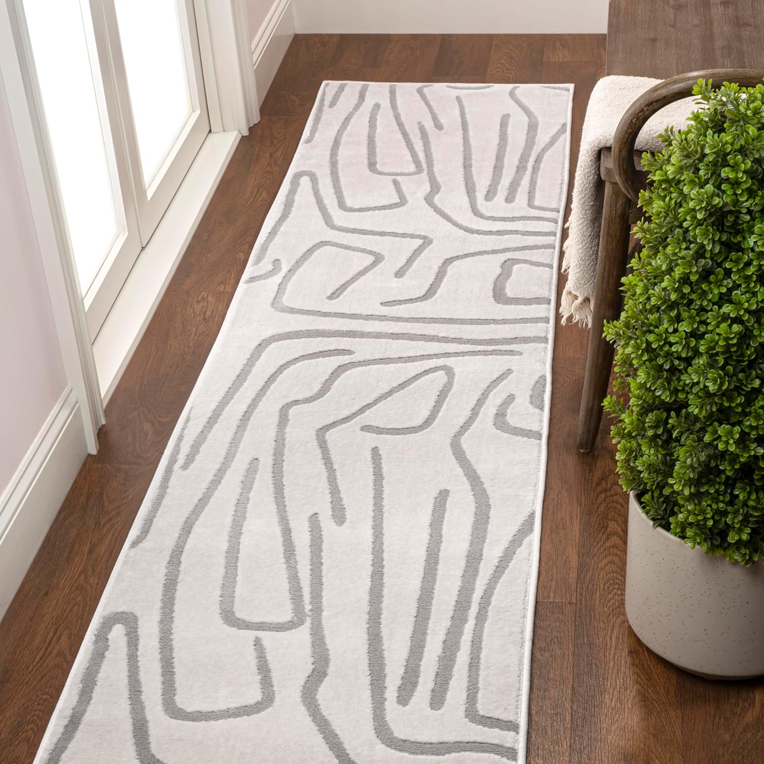 JONATHAN Y Graphic Lines High-Low Runner Rug 2X8 White/Light Gray, Alcina Modern Scandinavian for Living Room, Bedroom, Kitchen, Easy-Cleaning, High Traffic, Pet-Friendly, Non-Shedding SND102C-28 White/Light Grey 2' x 8' (Runner)