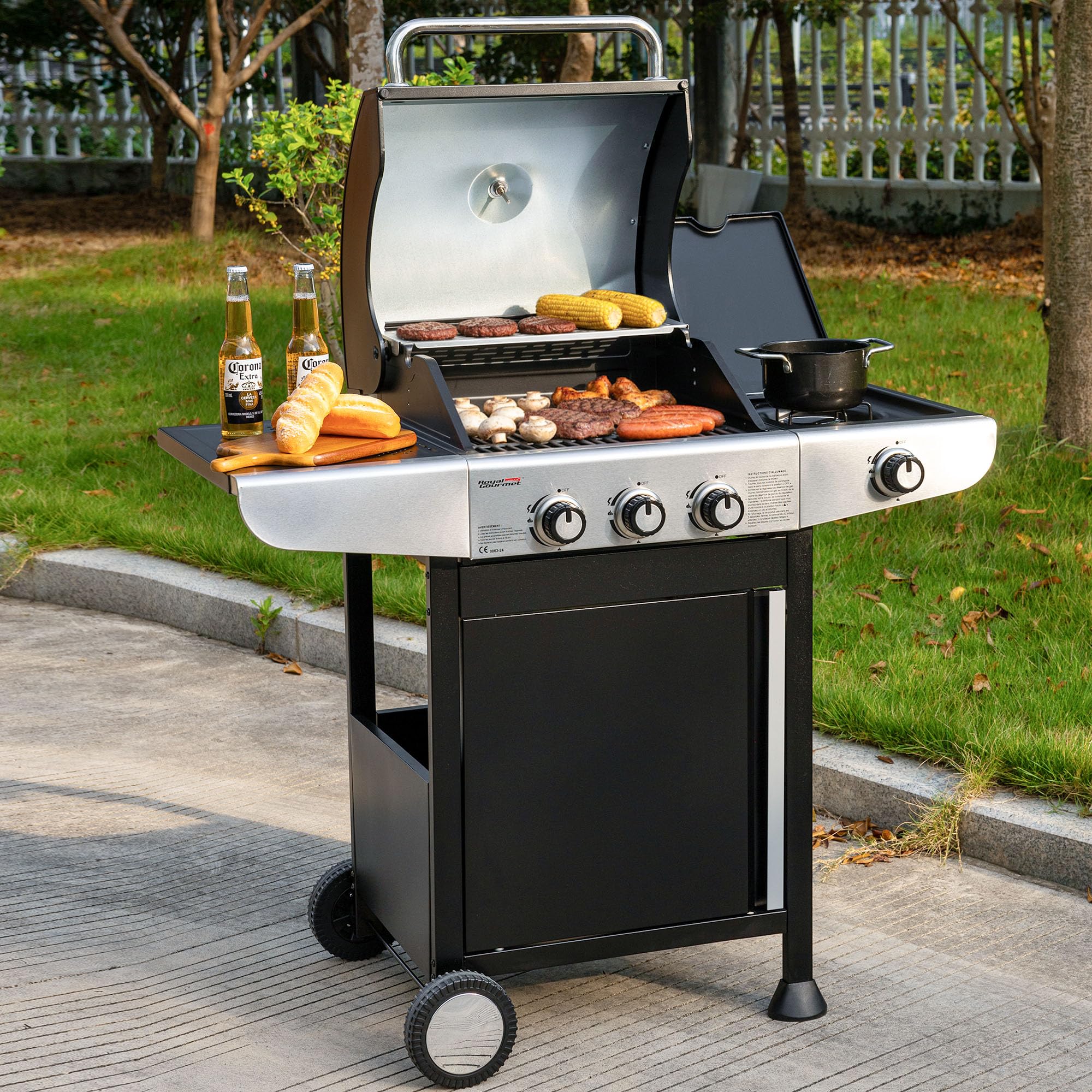 Royal Gourmet Barbecue Gaz à 3 Brûleurs avec Brûleur Latéral, Gril à Gaz sur Chariot de Puissance 11,5 KW avec 2 Grille en Fonte et 2 Tables d’Appoint, Adapté pour Jardin et Extérieure, Argent