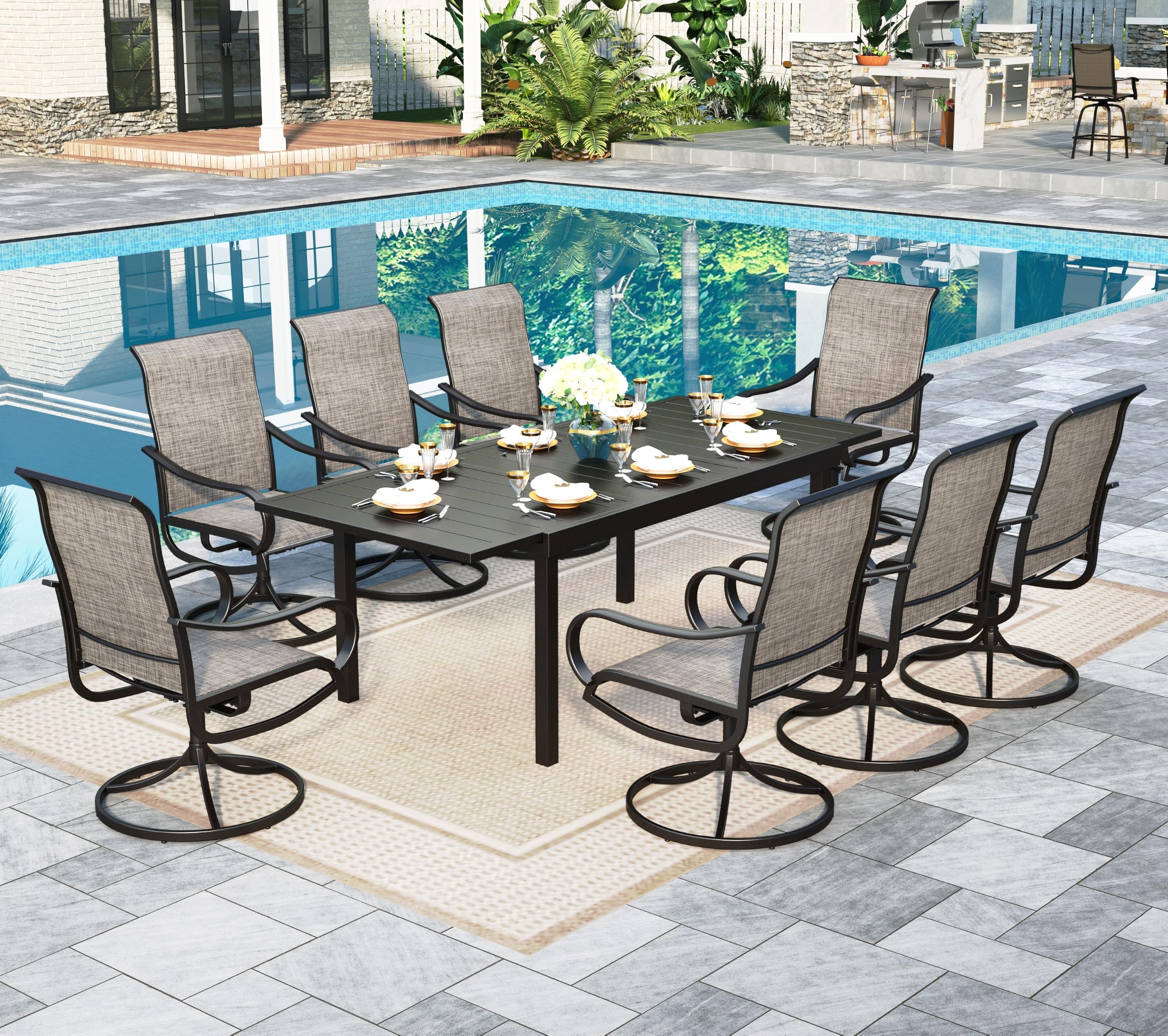 Sophia &amp; William Extendable Outdoor Dining Set for 8, Brown Swivel Chairs