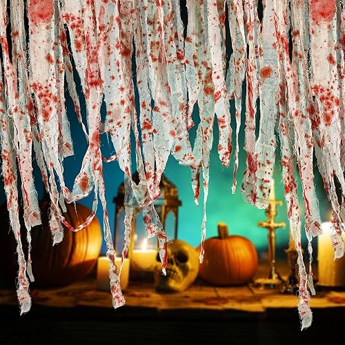 164 Ft Halloween Creepy Blood Cloth - Scary Blood Gauze Cloth - Spooky Fabric Blood Strip Drape for Halloween Theme Party Doorway Curtain Costume Decor