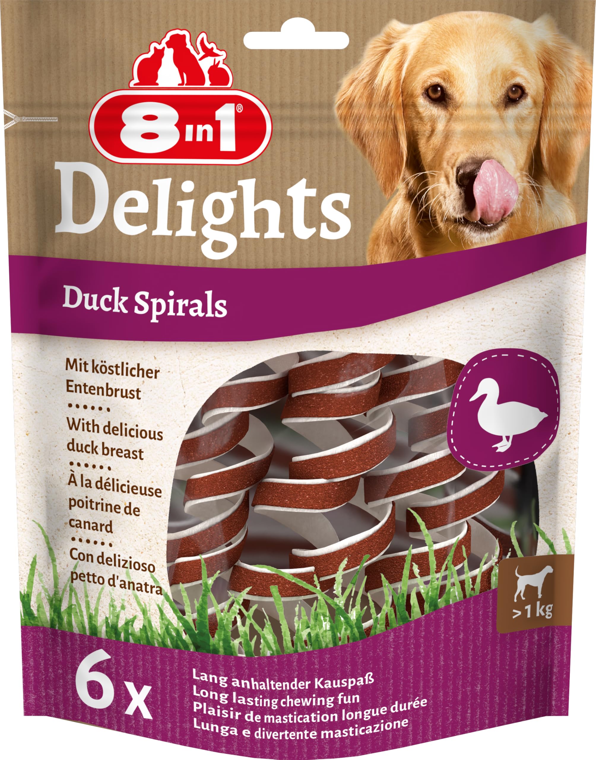 8in1 Delights Duck Spirals - Snack masticabile sano per cani, carne di anatra di alta qualità avvolta in pelle di manzo, 6 pezzi