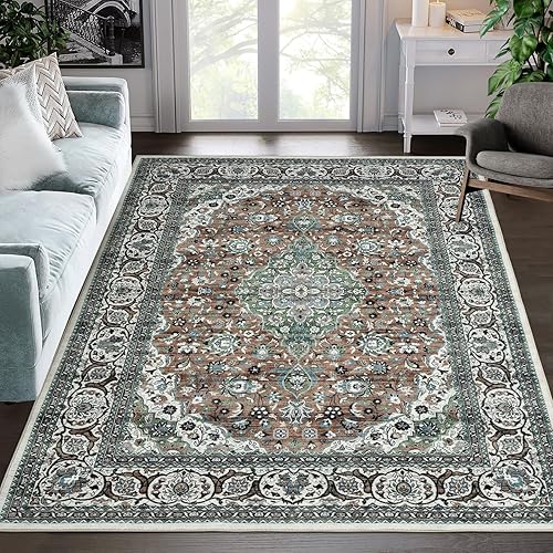5x7 Area Rug Vintage Medallion Area Rug Floral Print Area Rug Stain & Water Resistant Washable Rug Non-Shedding Indoor Floor Cover Lightweight Rug for Bedroom Living Room, Green, 5x7 Feet