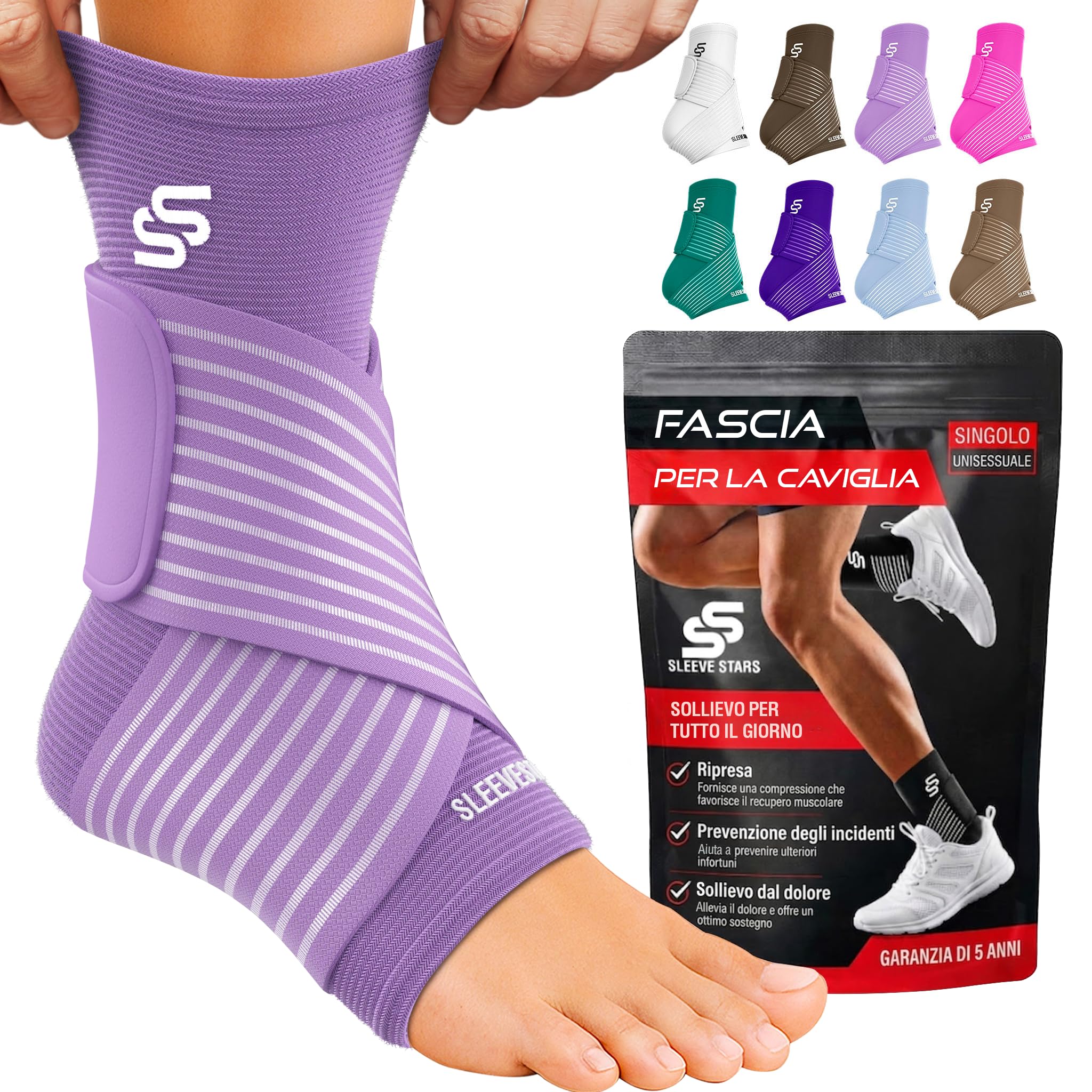 Sleeve Stars Cavigliera Ortopedica per Distorsione - Cavigliera Sportiva, Rimedio Fascite Plantare e Tendine d'Achille, Fascia Elastica Caviglia con Cinturino per Uomo e Donna (singolo/viola chiaro)