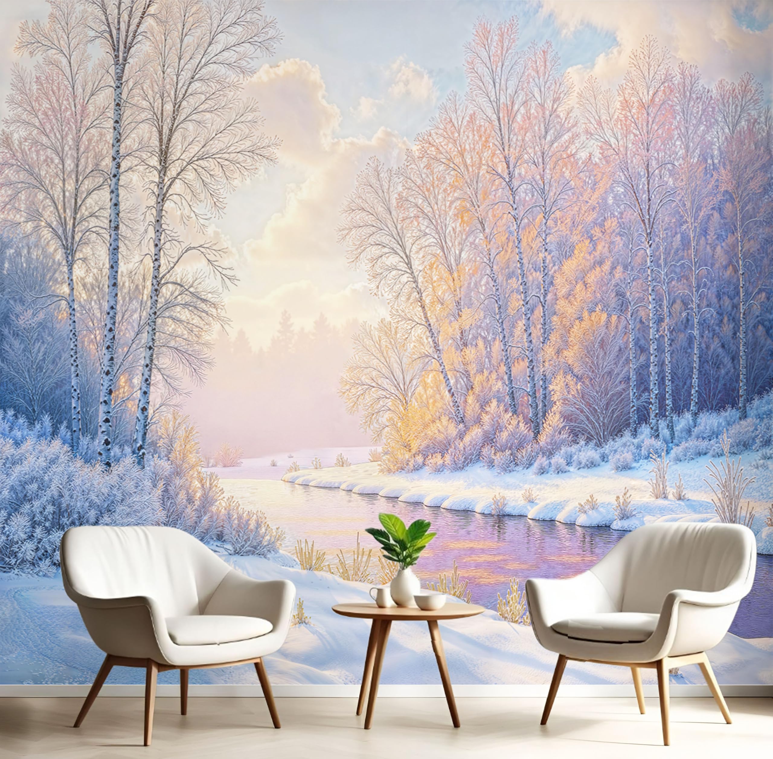 Papier peint panoramique forêt d'hiver enneigée fresque intissée salon 300x210cm