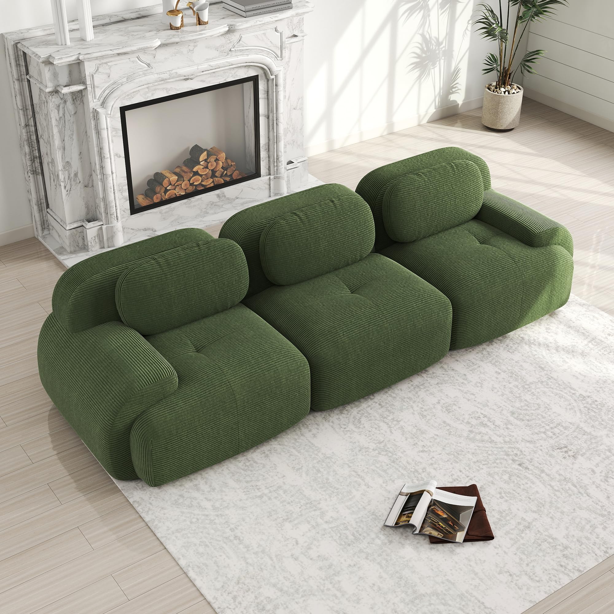 Divano a 3 posti in velluto a coste verde 298x103x70 cm, senza