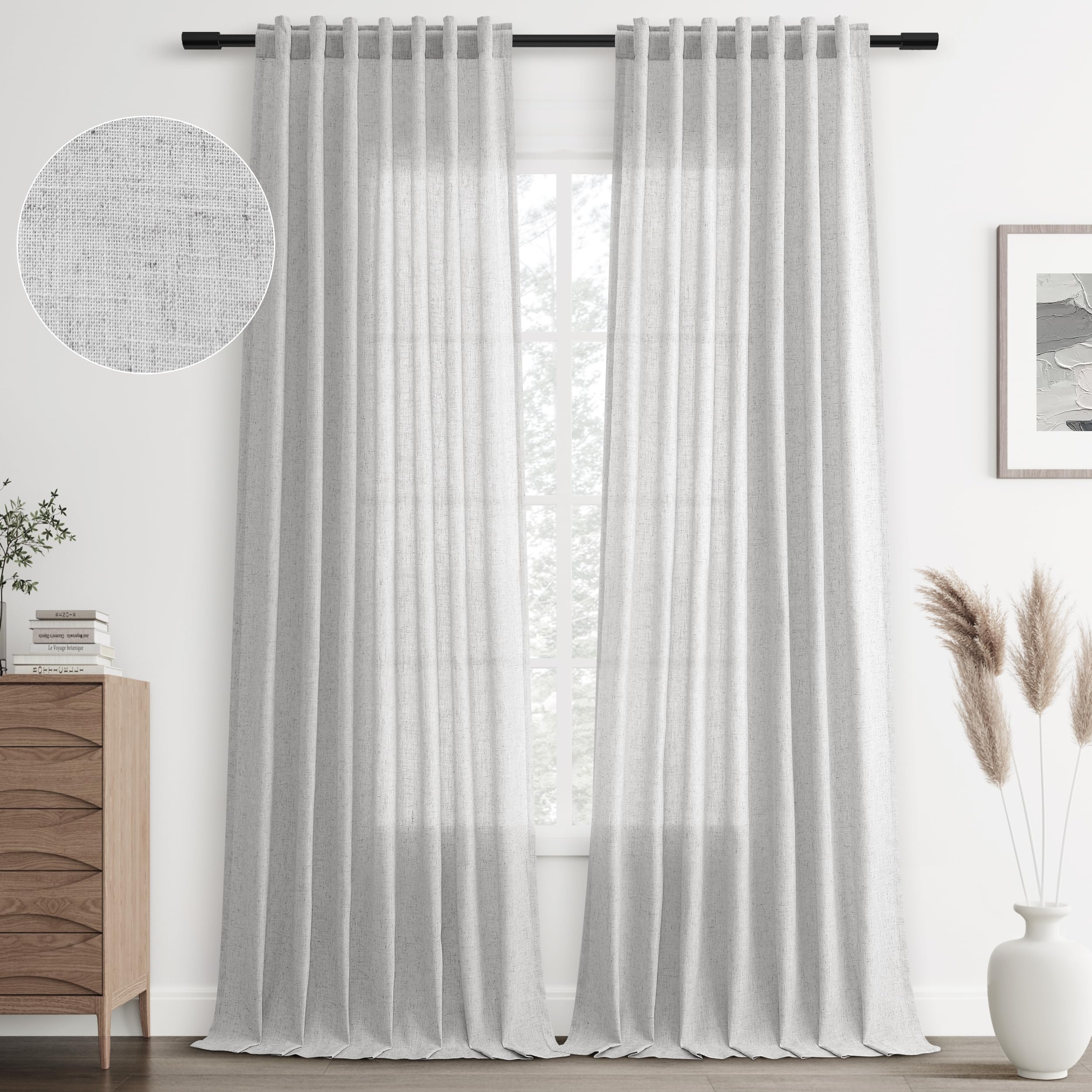 Joywell Silver Back Tab Rod Pocket Linen Curtains 120 Inches Long 2 Panels for Living Room Bedroom Neutral Boho Farmhouse Rustic Light Filtering Semi Sheer Curtains Window Treatment 52x120