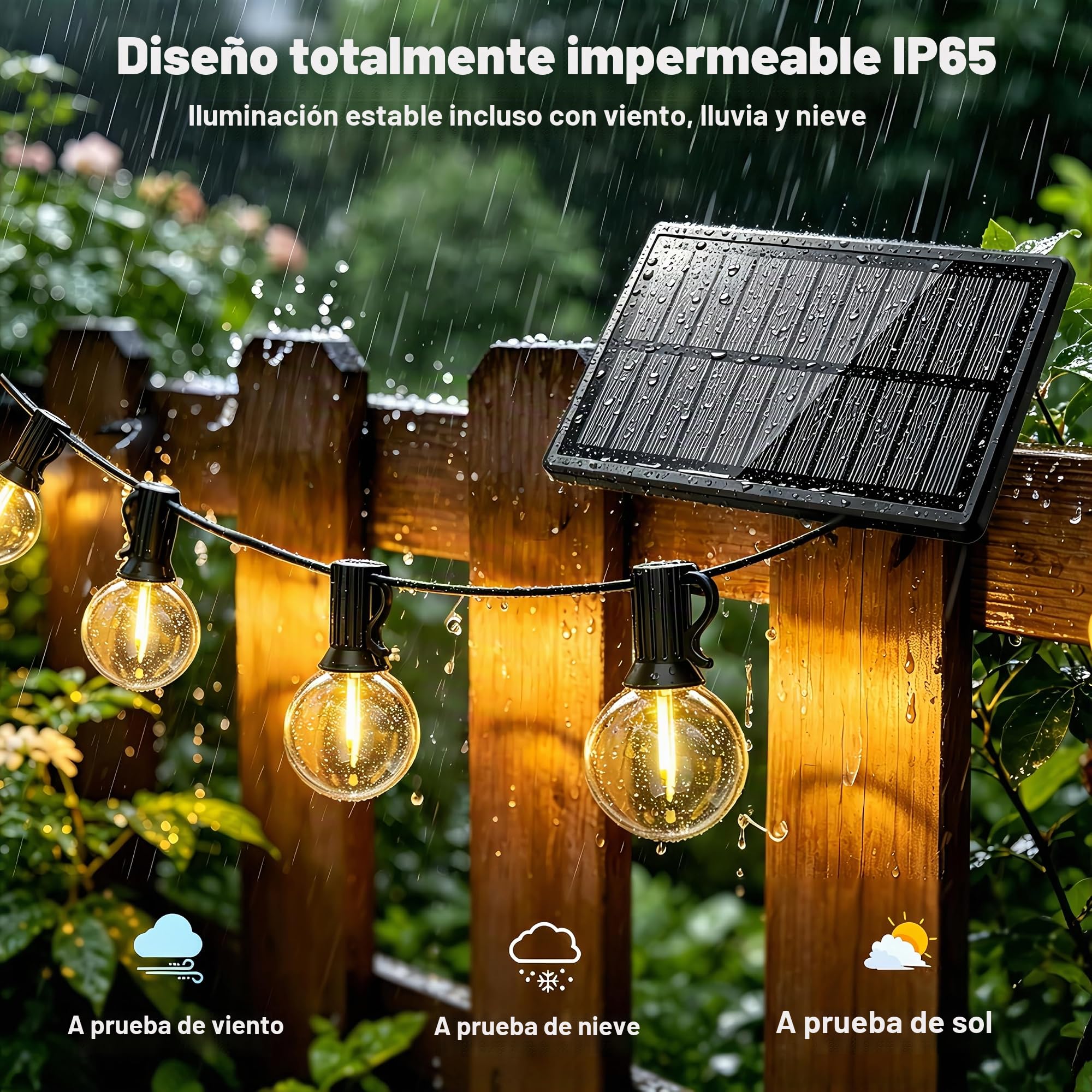 Guirnaldas Luces Exterior Solar 30M, Impermeables Regulable | Luces Exteriores con 50+2 Bombillas Irrompibles, Carga solar o USB, 3 Modos, Ideal para Terrazas, Jardines, Balcones, Fiestas
