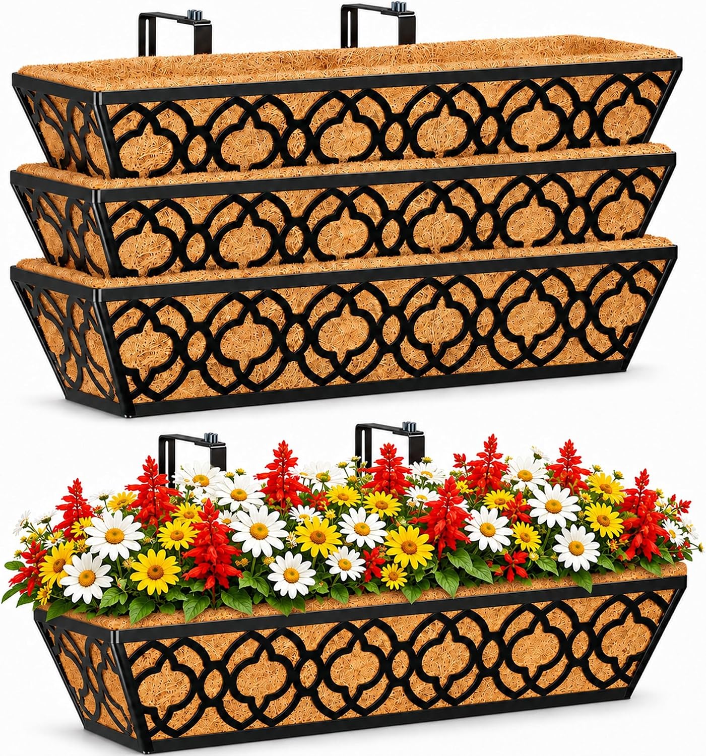 HFHOME 24 Inch Deck Railing Planter Box with Horse Trough Coco Liner, 24" Window Boxes with Coconut Coir Liner, Black Metal Hanging Flower Planter Basket for Outdoor Indoor Lawn - 4 Pack