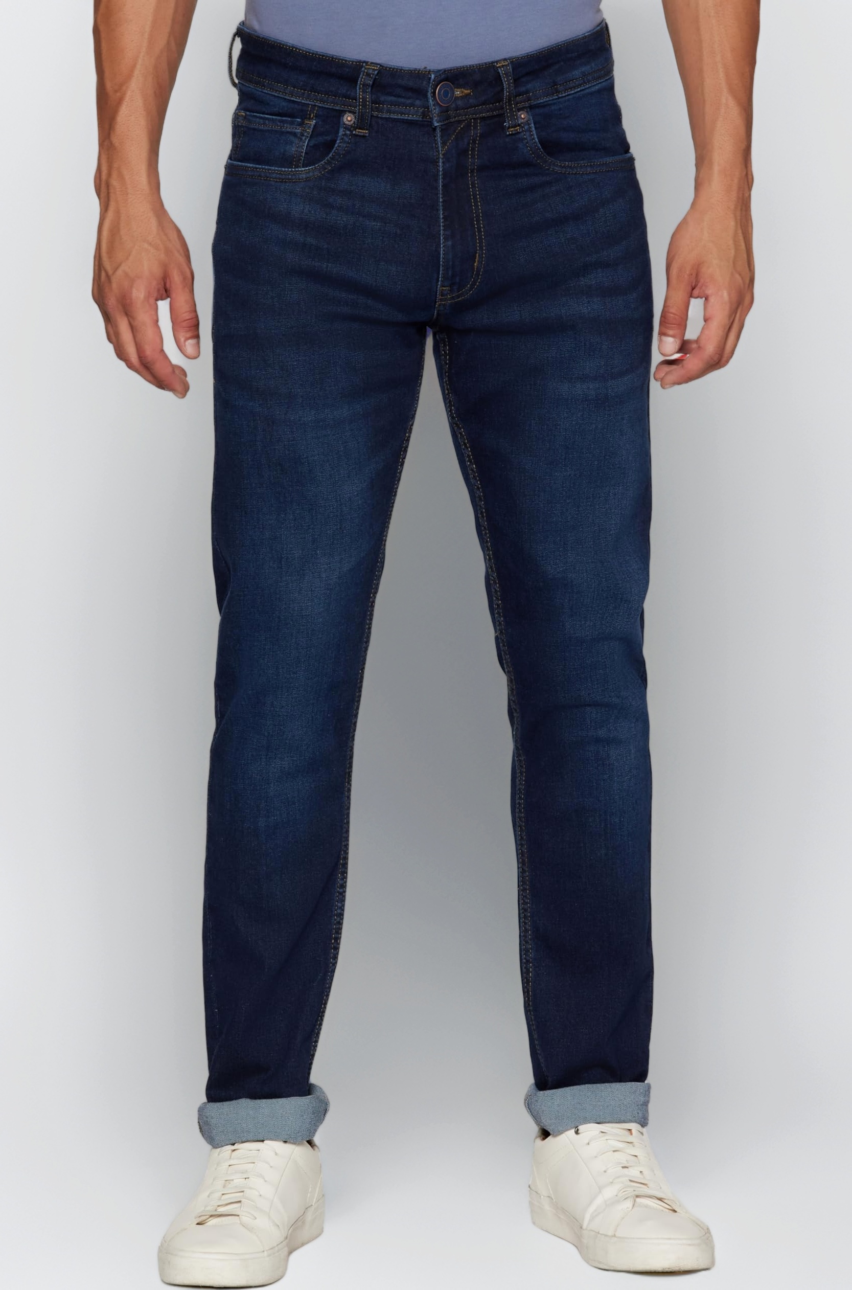 Peter England Men's Tapered Fit Mid Rise Classic Tape Stretchable Twill Jeans