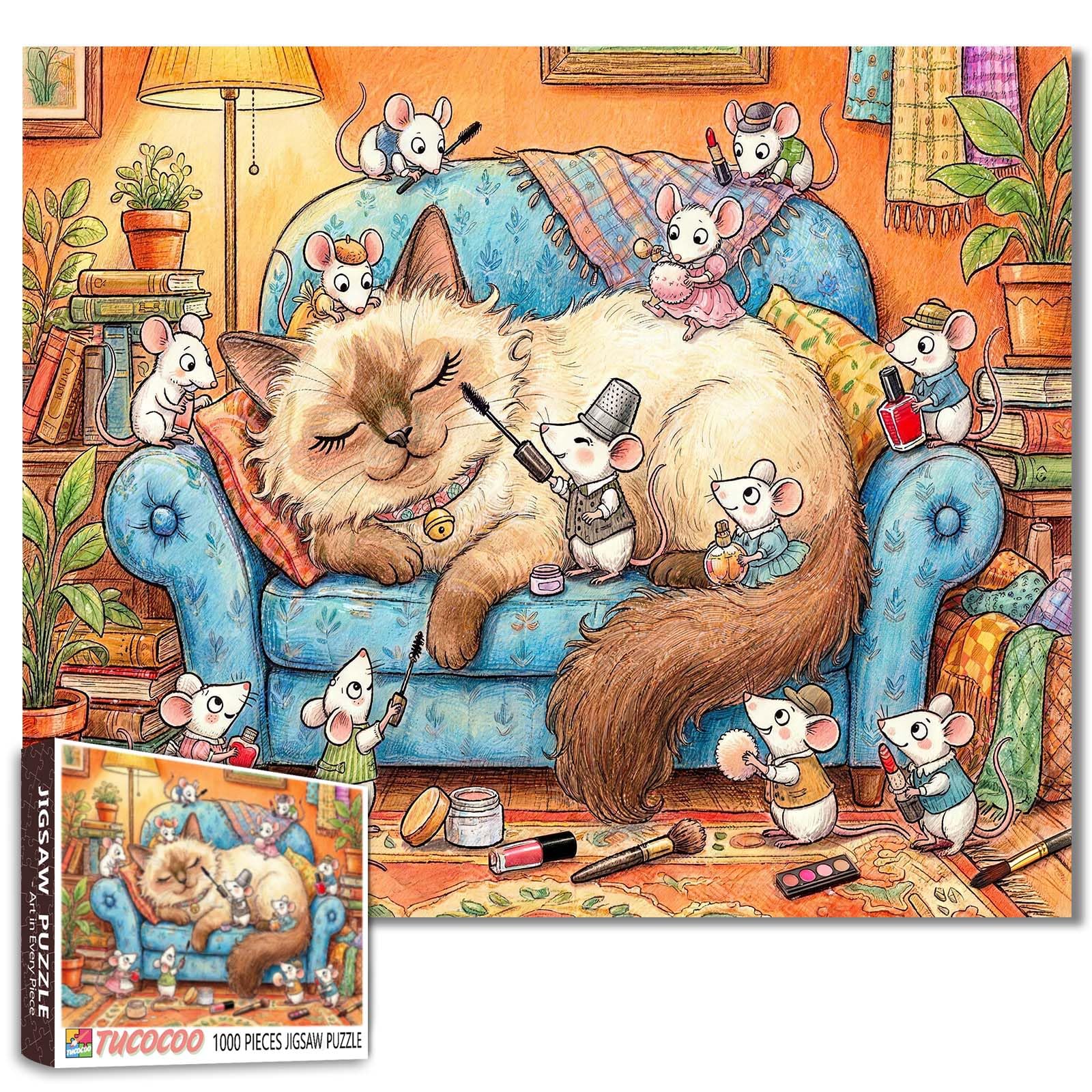 Funny Cat Jigsaw Puzzles 1000 Pieces for Adults, Families(Mice makeup party) Pieces Fit Together Perfectly 19.7''x27.6''inch Frameable Creative Puzzle Art