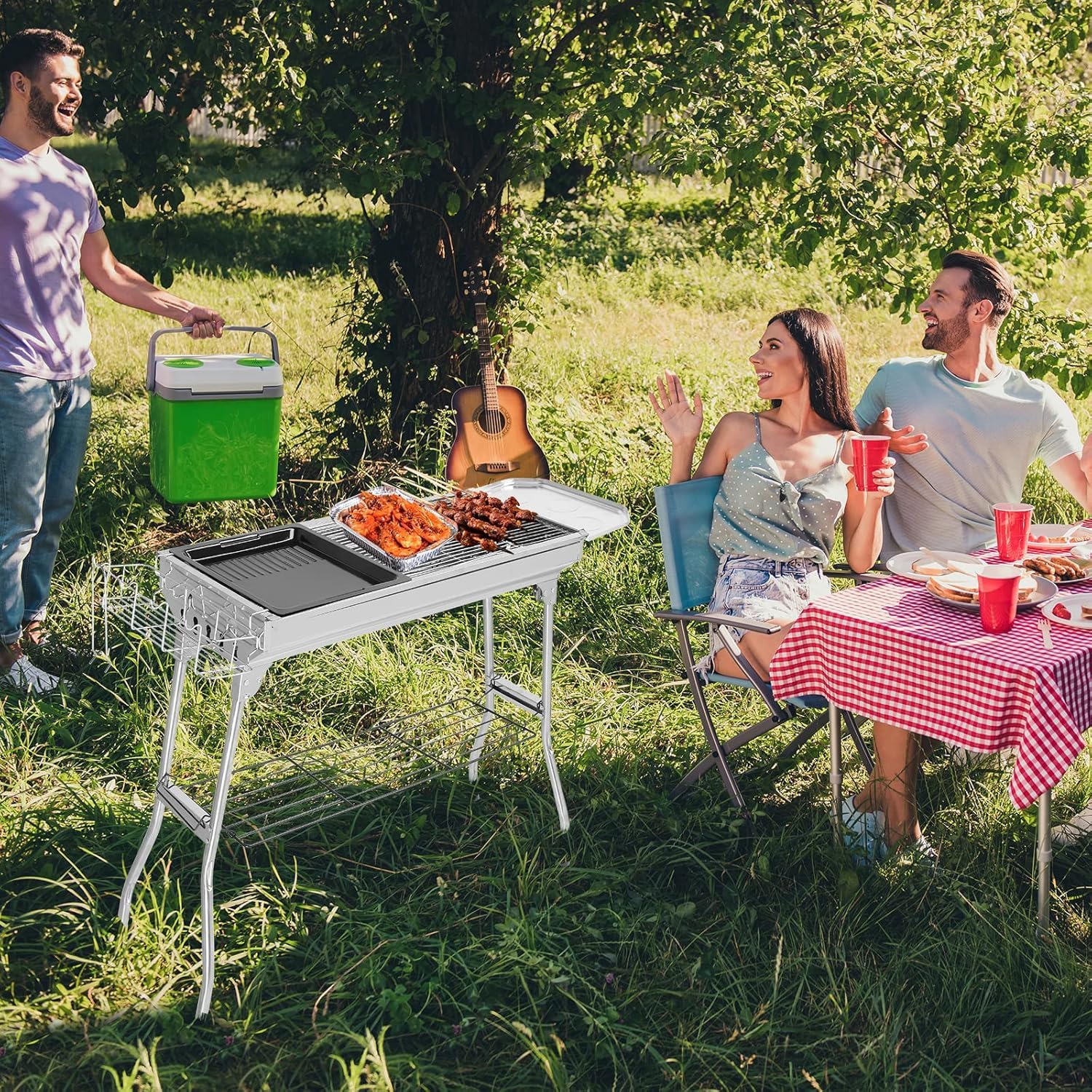 LEADZM Barbecue Charbon de Bois en Acier Inoxydable – Pliant et Portable (100x31x71cm déplié) – Pour 5-10 Personnes – Idéal Camping, Terrasse & Extérieur