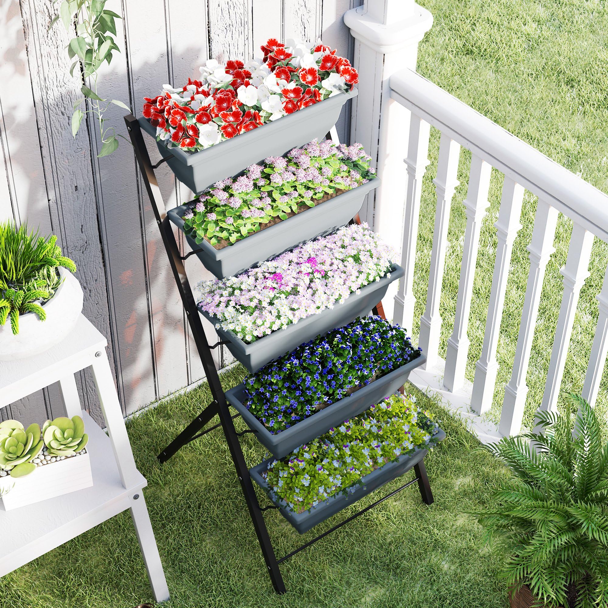 Outsunny Jardinière Surélevée avec Étages Verticale Cadre en Acier Gris | 5 Bacs à Fleurs, Trous de Drainage avec Bouchons en Caoutchouc, Escalier pour Plantes, Légumes, Herbes