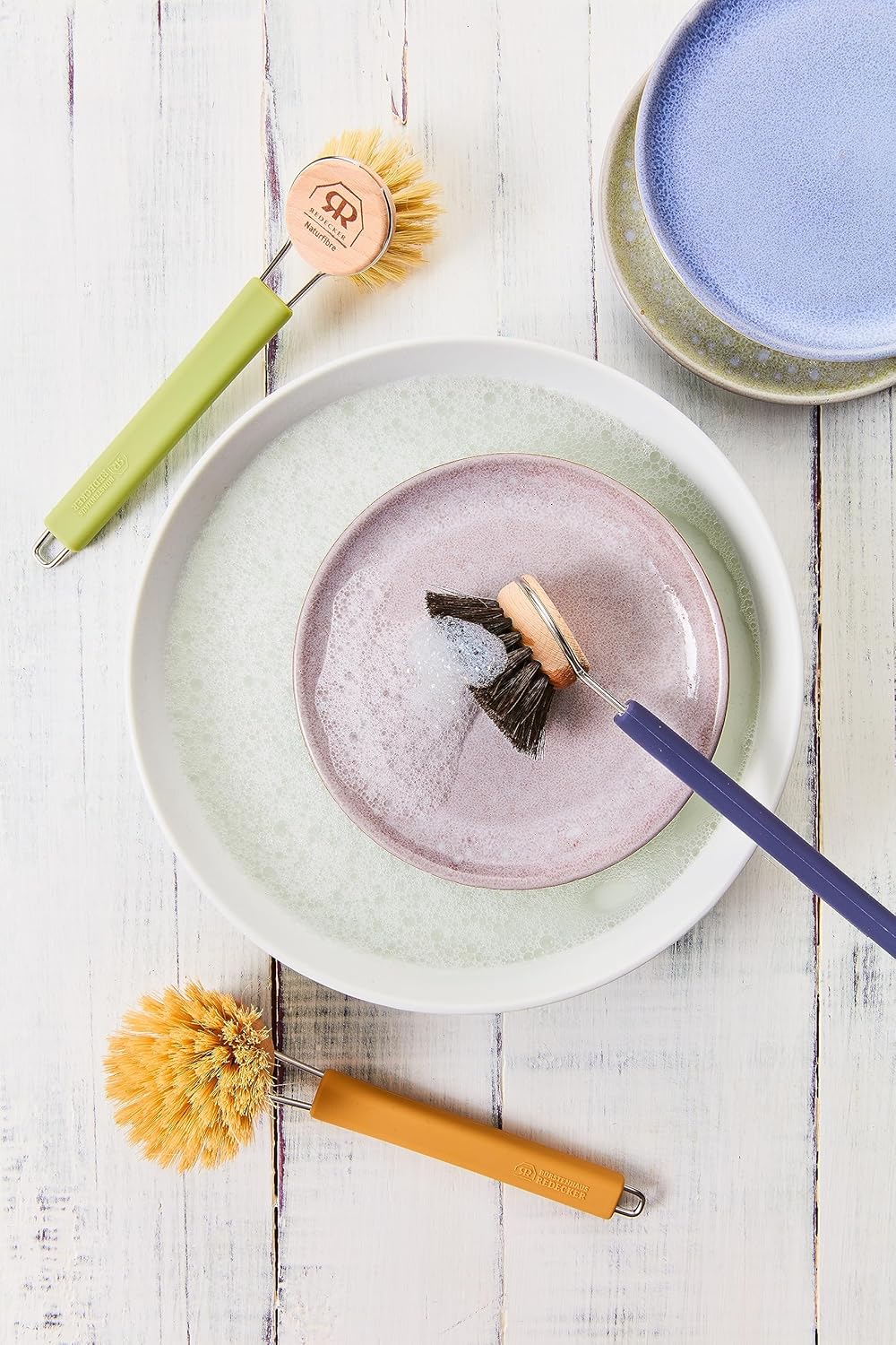 Redecker Silicone Dish Brush Bundle, Includes Interchangeable Natural Horsehair and Tampico Fiber Brush Heads, Sustainable Silicone and Stainless Steel Handle with Hanging Loop, Reed