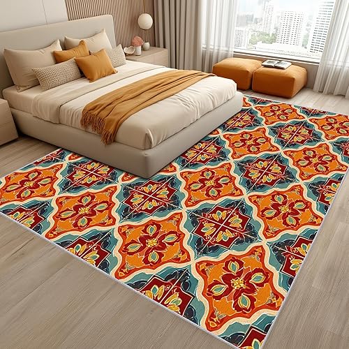 Miniatura 3 de 70s Retro Rug 3x5 Abstract Orange Floral Pattern, Washable Living Room Bedroom Area Rugs, 70s Retro Decor for Home, Soft Non Slip Indoor Carpet, Low