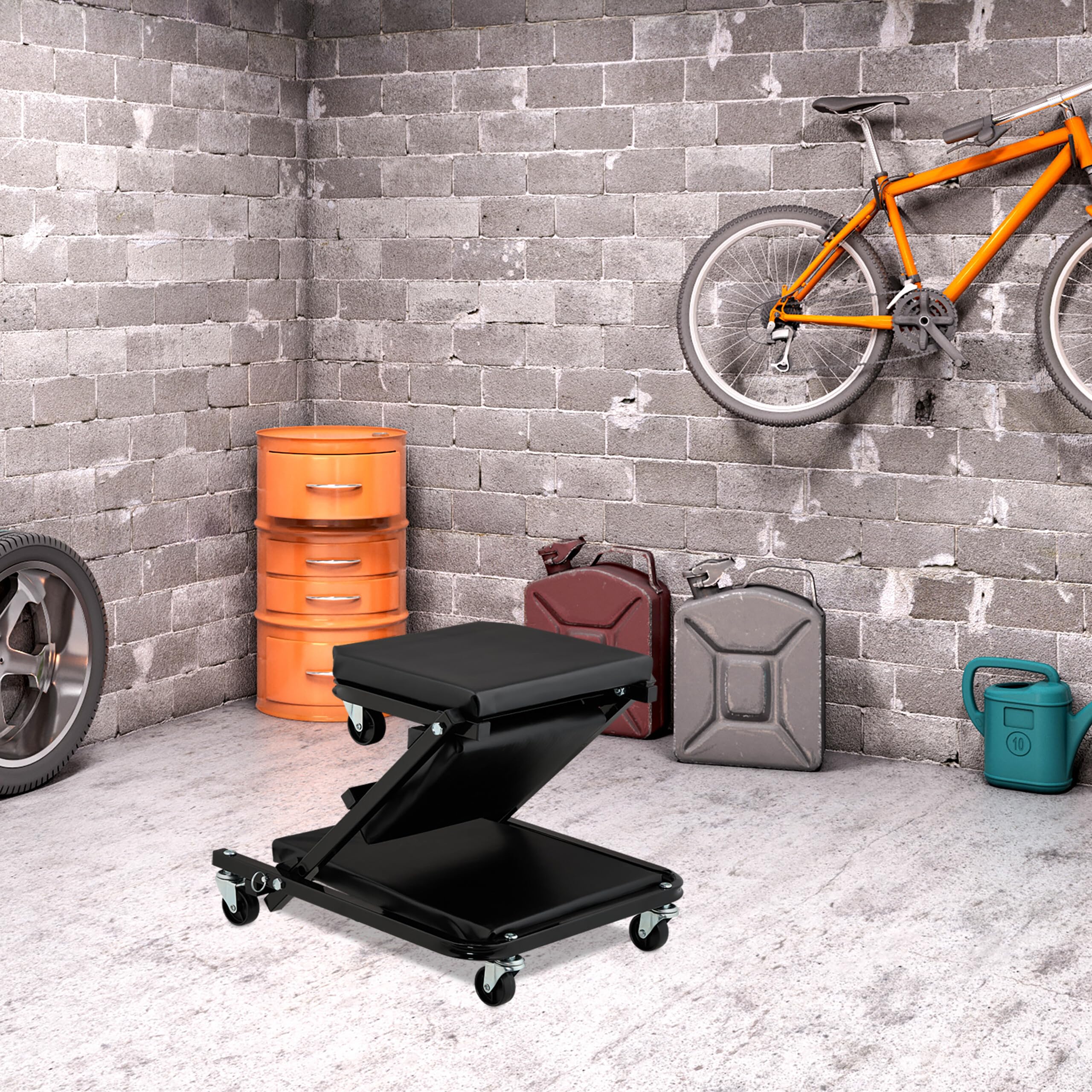 Relaxdays Camilla de Mecánico con Ruedas, Resiste 150 kg, Taburete Taller 2 en 1, Plegable, Giro 360º, para Coche, Negro