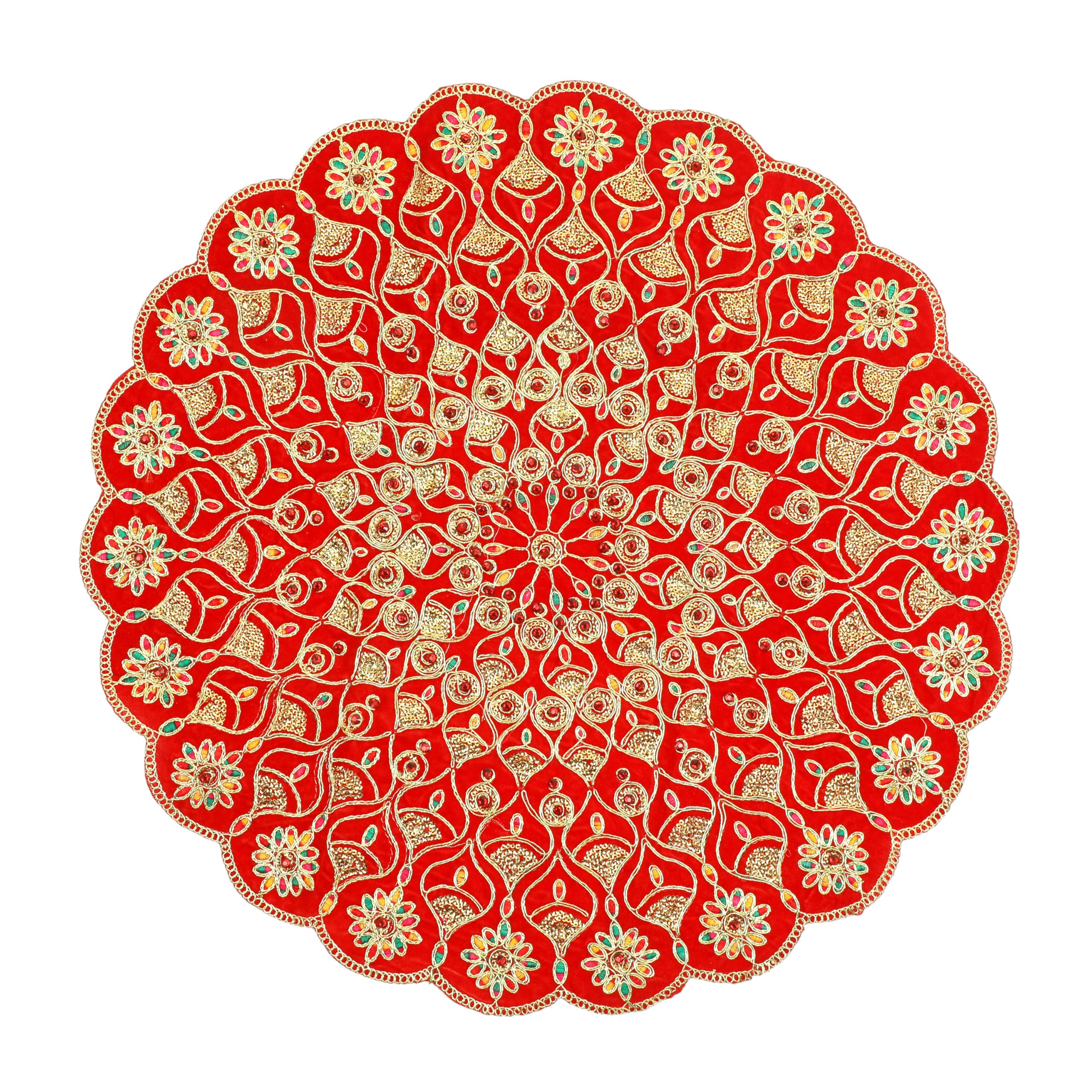 Decorative Mat Aasan Round Velvet Pooja Cloth Cloth with Sequence Work for Indian Traditional Multipurpose Pooja Festival New Year Decorations Item & Article (Size :- 21")(Red)