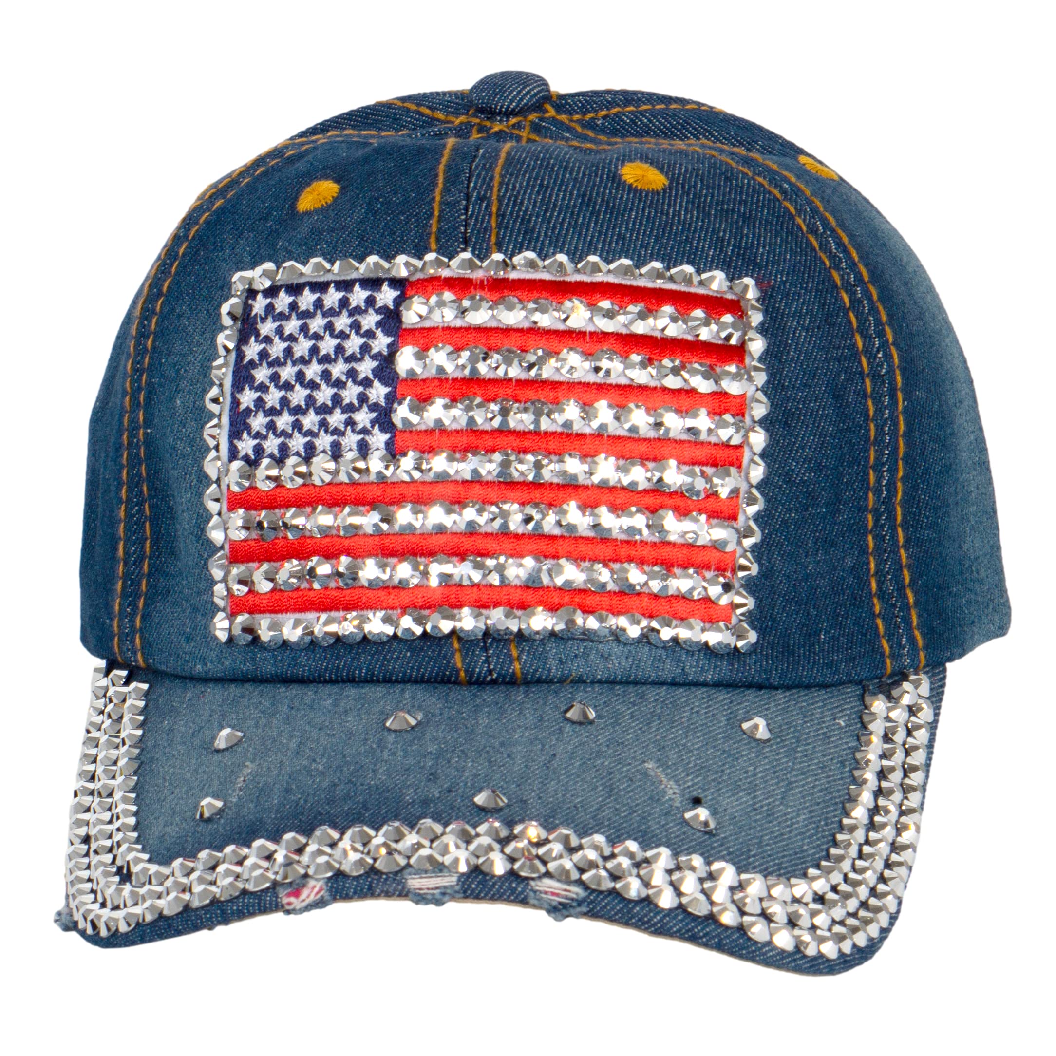Top Headwear Women's Light Denim Studded Usa Flag Baseball Cap