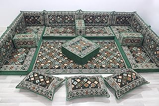 Handmade Green Living Room Furniture, U Shaped Floor Couch, Majlis Arabic Seating, Arabic Sofa Floor Seating, Arabic Couch, Moroccan Floor Cushions (U Sofa + Ottoman + Pillows)
