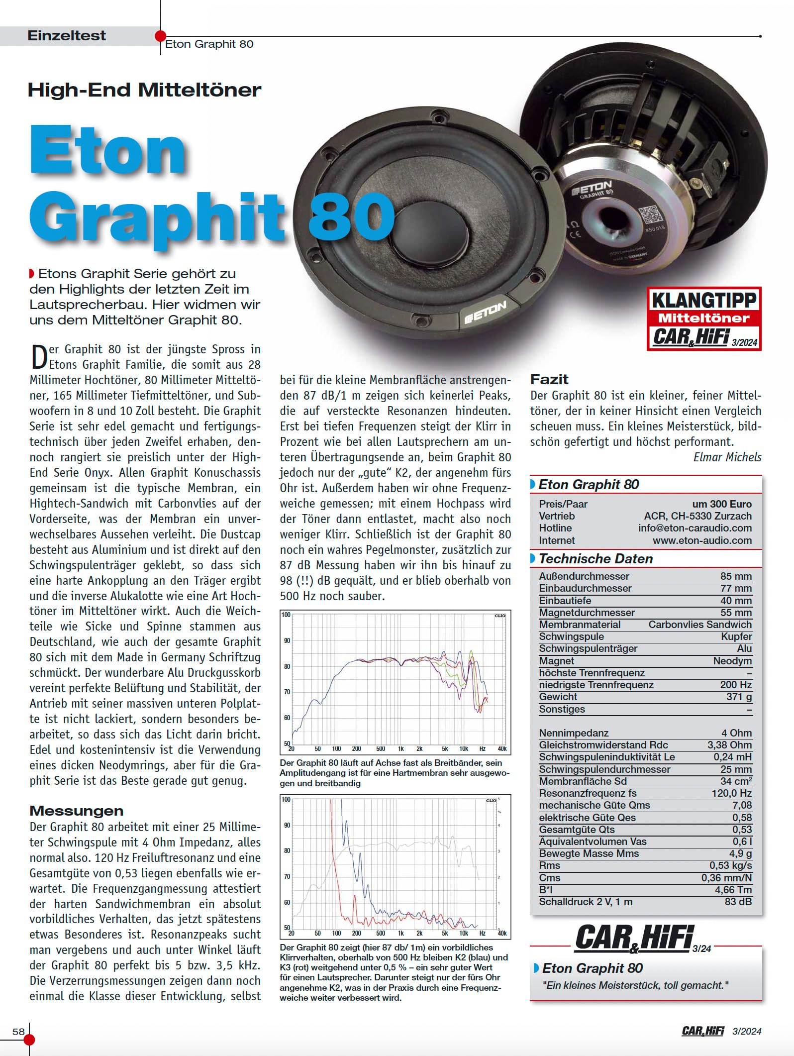 ETON Graphit 80 – 80 mm (3“) High End Mitteltöner, Einbau Lautsprecher fürs Auto mit Carbonvlies-Sandwich Membran, Neodymmagnet, 1 Paar