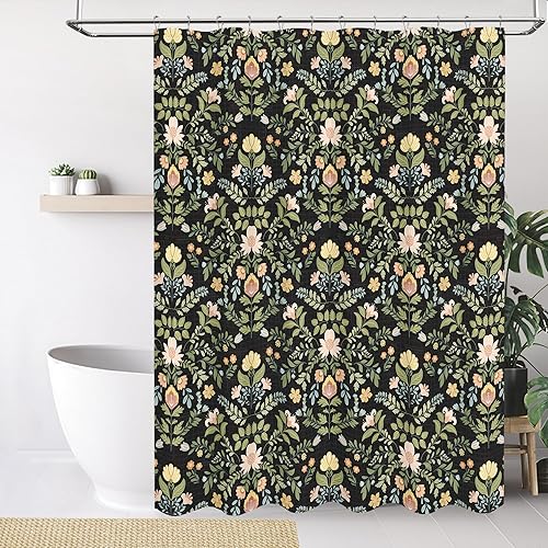 Vista 21 de Tititex Cortina de ducha de lino sintético de 4.94 oz/m², diseño floral azul con hojas doradas con flores, decoración de baño, juego de cortinas
