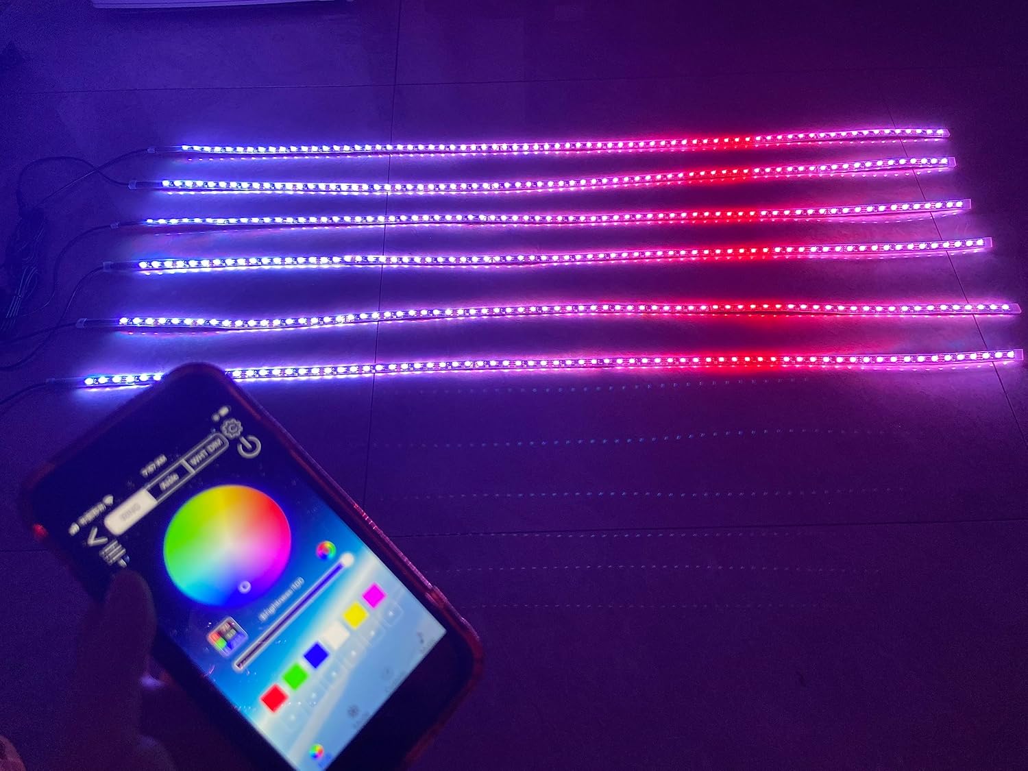 1.4Meters x6PCS 5FT 60" Single Row RGB Multi-Color Chasing Light Strips KIT for Car Truck Polaris Slingshot Golf Cart Hood Light Bluetooth + Remote Control