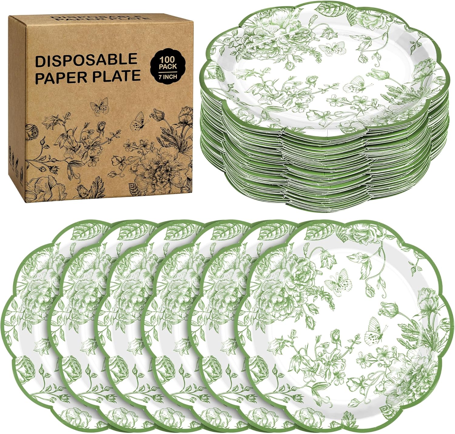 100 pieces sage green flower paper plates 7 inches disposable floral paper plate scalloped sage green chinoiserie vintage flower dessert plates for wedding birthday holiday party supplies sage green 100