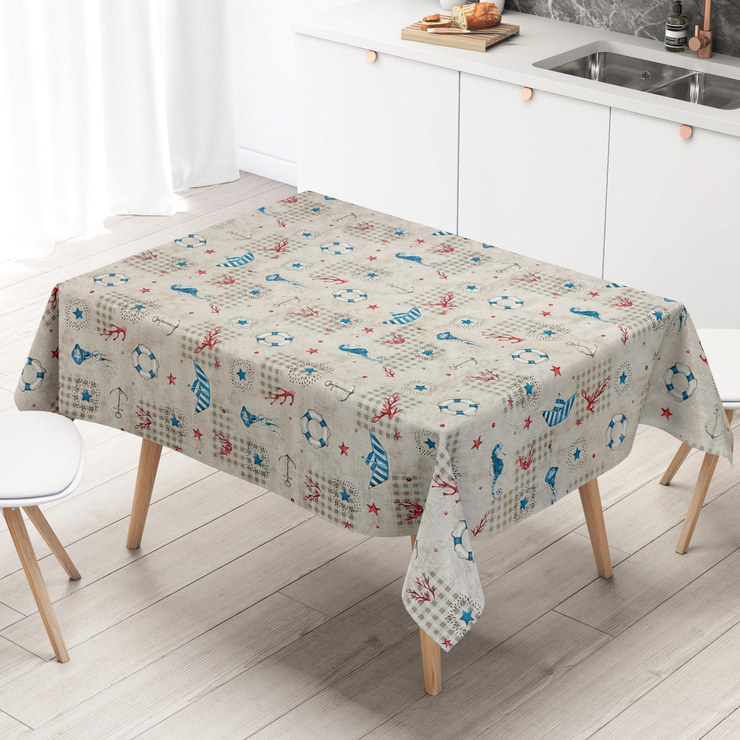 KEVKUS Nappe en toile cirée - Largeur : 160 cm - Grande taille - C126-1 - Motif poissons et hippocampes - Taille et forme au choix - Livraison sans plis - Roulée sur une douille en carton