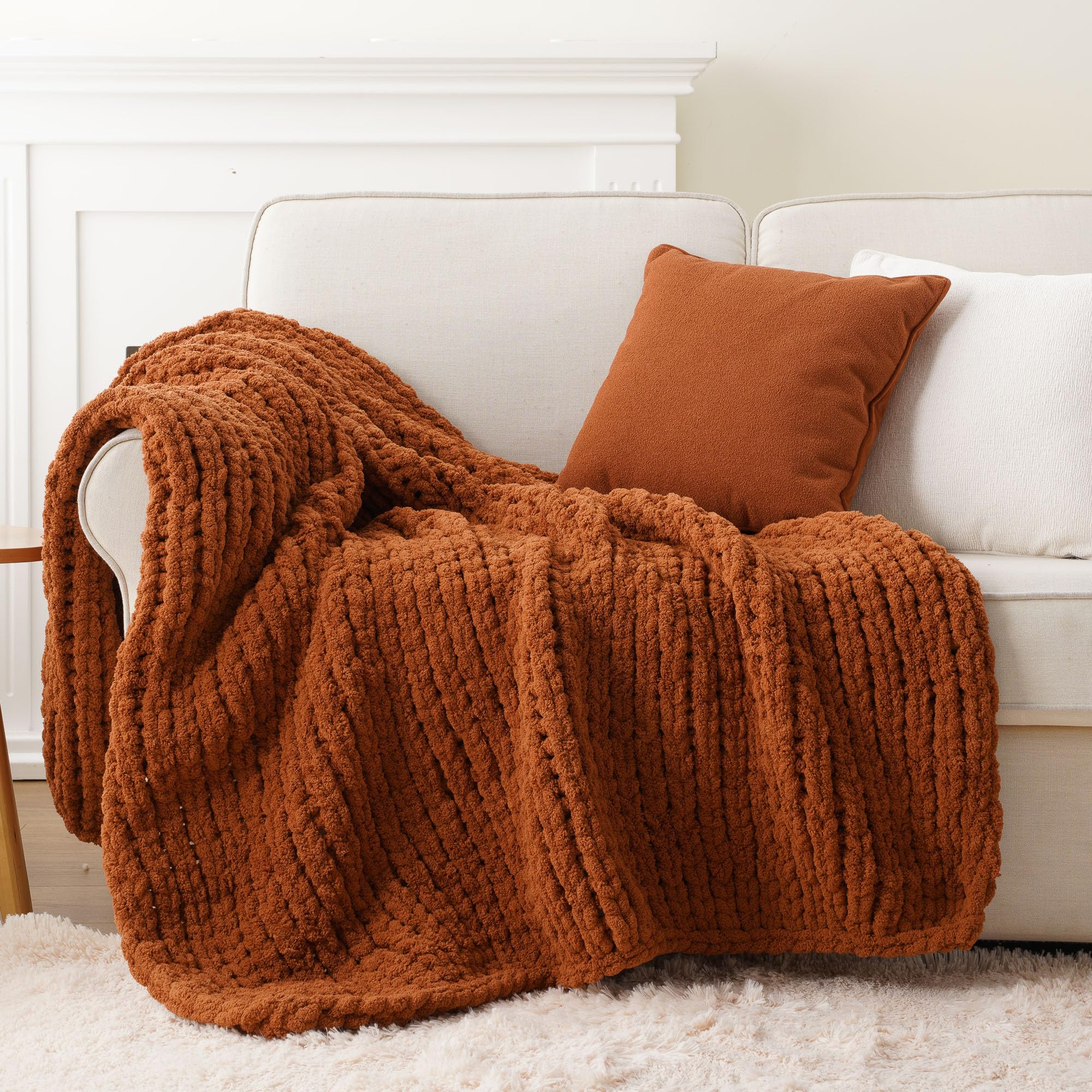 Battilo Chunky Knit Blanket Throw, Soft Thick Chenille Throw Blanket, 125x150cm Handmade Cable Knit Crochet Blanket, Large Rope Knot Rust Throw Blankets for Couch Sofa Bed Home Decor, Caramel — image 1