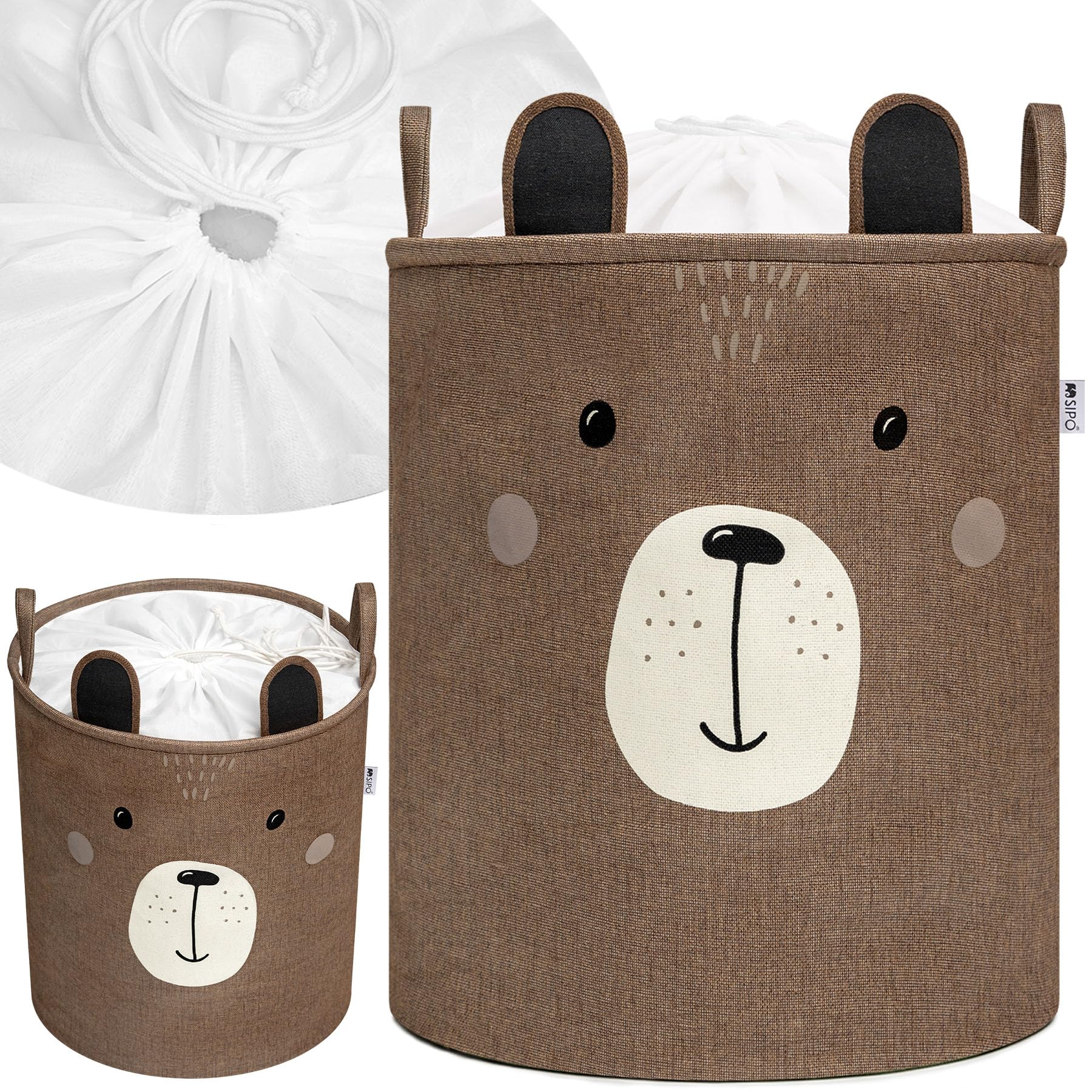 SIPO Cestino giocattolo Premium, XXL 63 l, marrone Bear, organizer pieghevole con coulisse, impermeabile, maniglie, design scandinavo