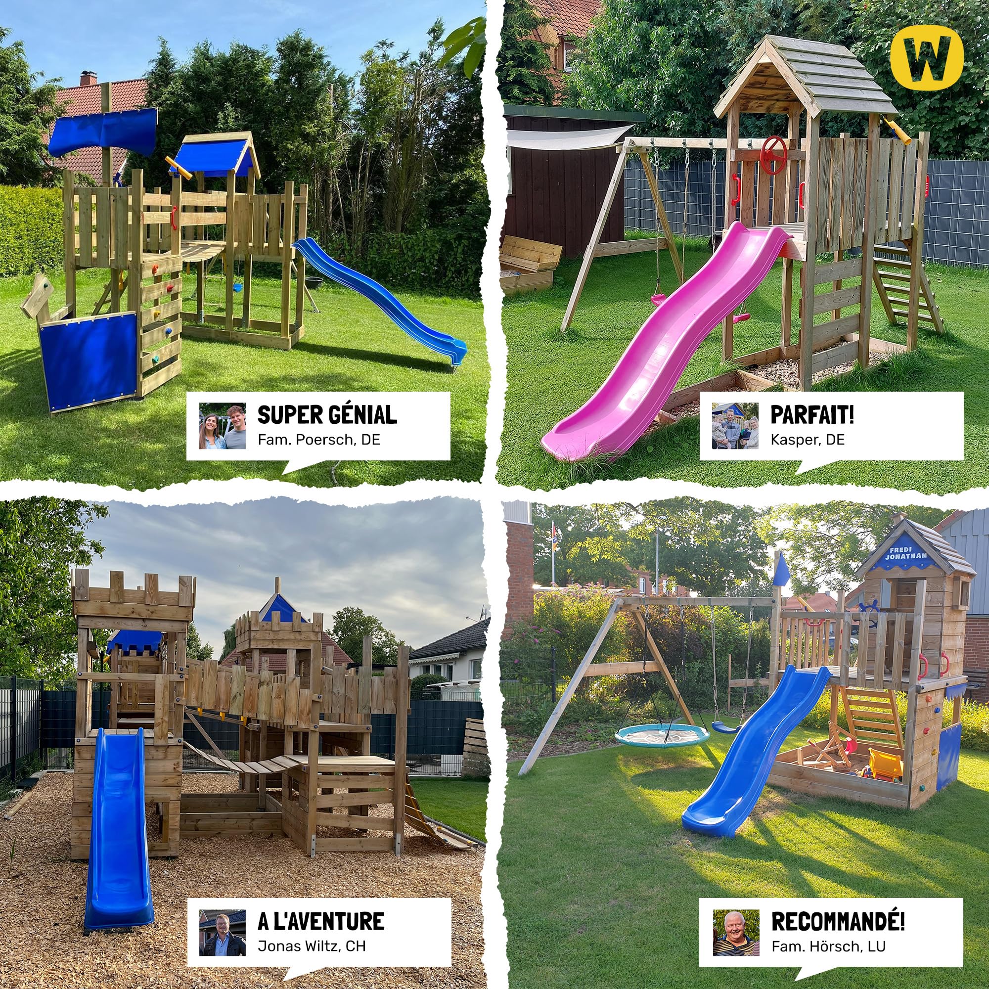 WICKEY Aire de Jeux Smart Camp portique en Bois avec balançoire et Toboggan Bleu, Tour d'escalade pour Enfants avec bac à Sable, échelle et Accessoires de Jeu pour Le Jardin.