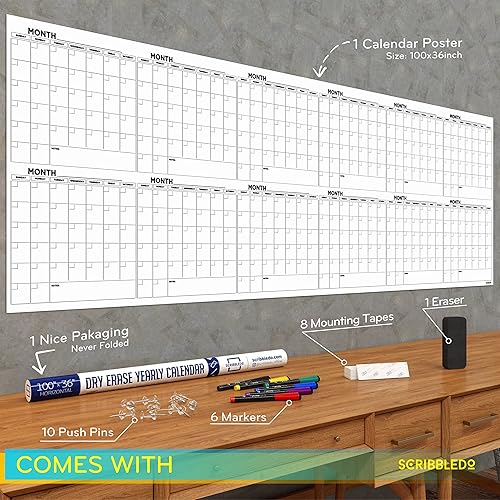 Miniatura 4 de Agenda mensual extragrande de borrado en seco de 100 x 36 pulgadas, calendario de pizarra blanca de 12 meses, incluye 6 marcadores de pizarra blanca