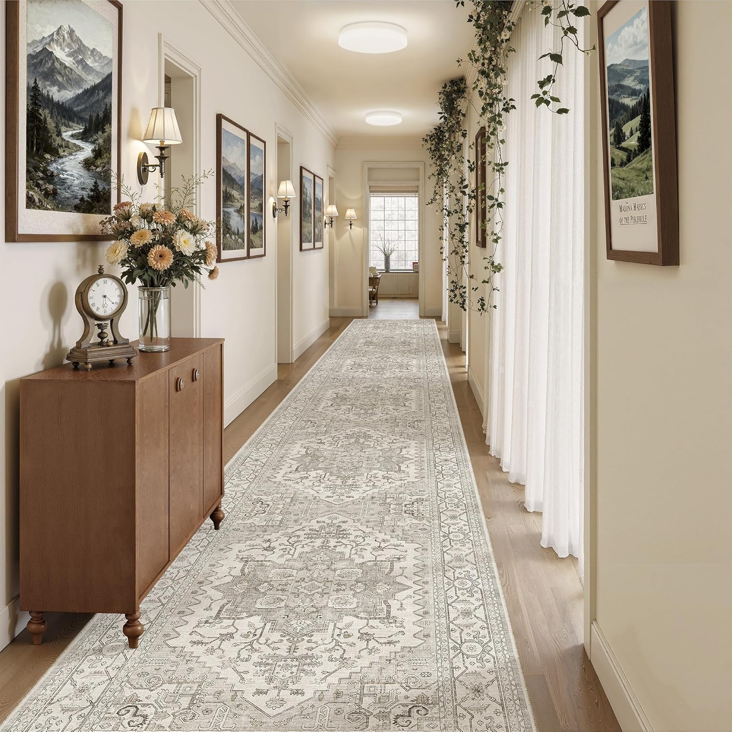 Madane 3x20 Hallway Runner Rug - Extra Long Carpet Runners for Hallways 20ft Non Slip Stain Resistant Rugs Runner for Living Room Bedroom 20 Feet Distressed Floor Carpet for Kitchen, Beige/Brown Beige/Brown 3' x 20' (Runner)