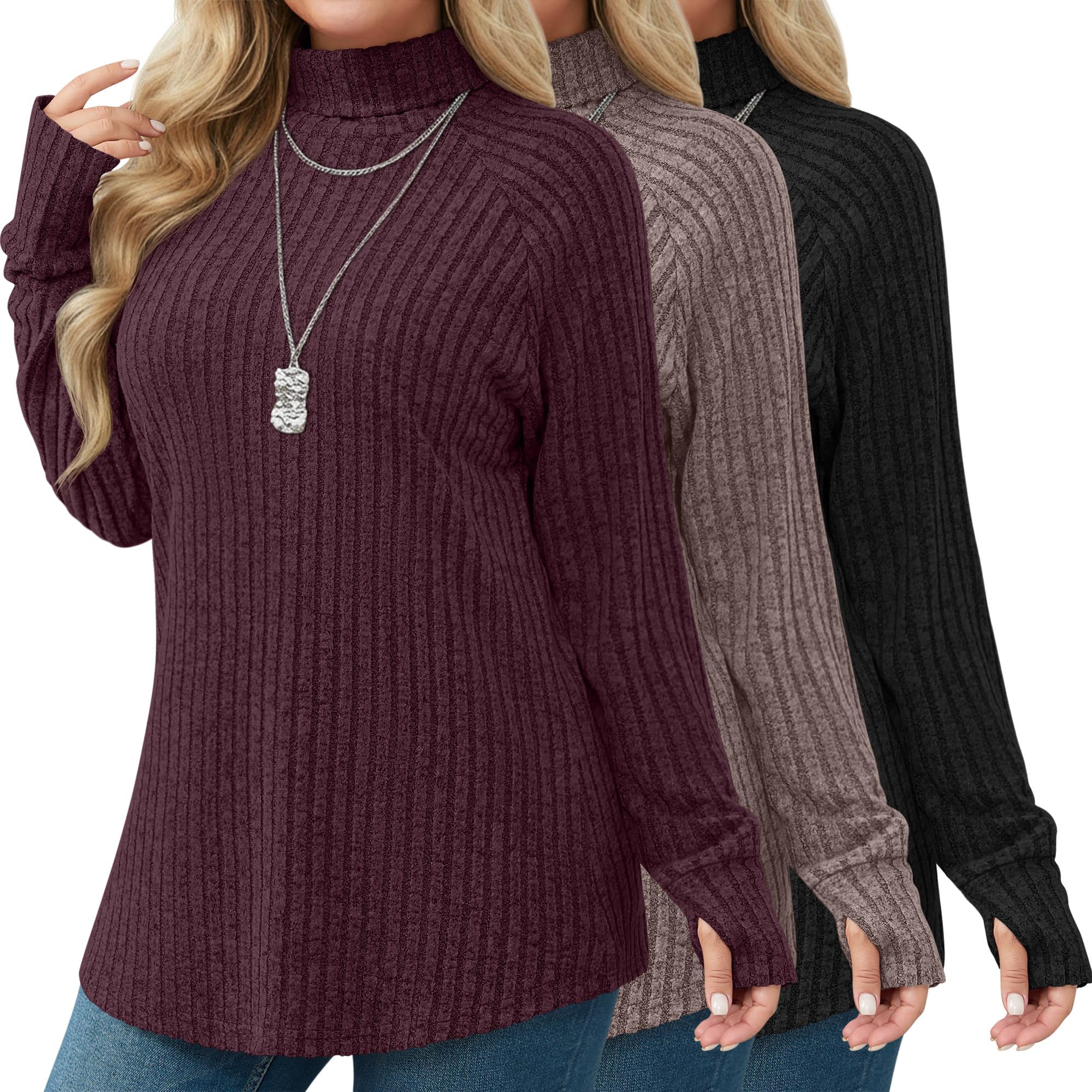 Ficerd 3 Pack Womens Plus Size Turtleneck Sweater Tunics Long Sleeve Thumbhole Ribbed Tops Curved Hem Loose Pullover
