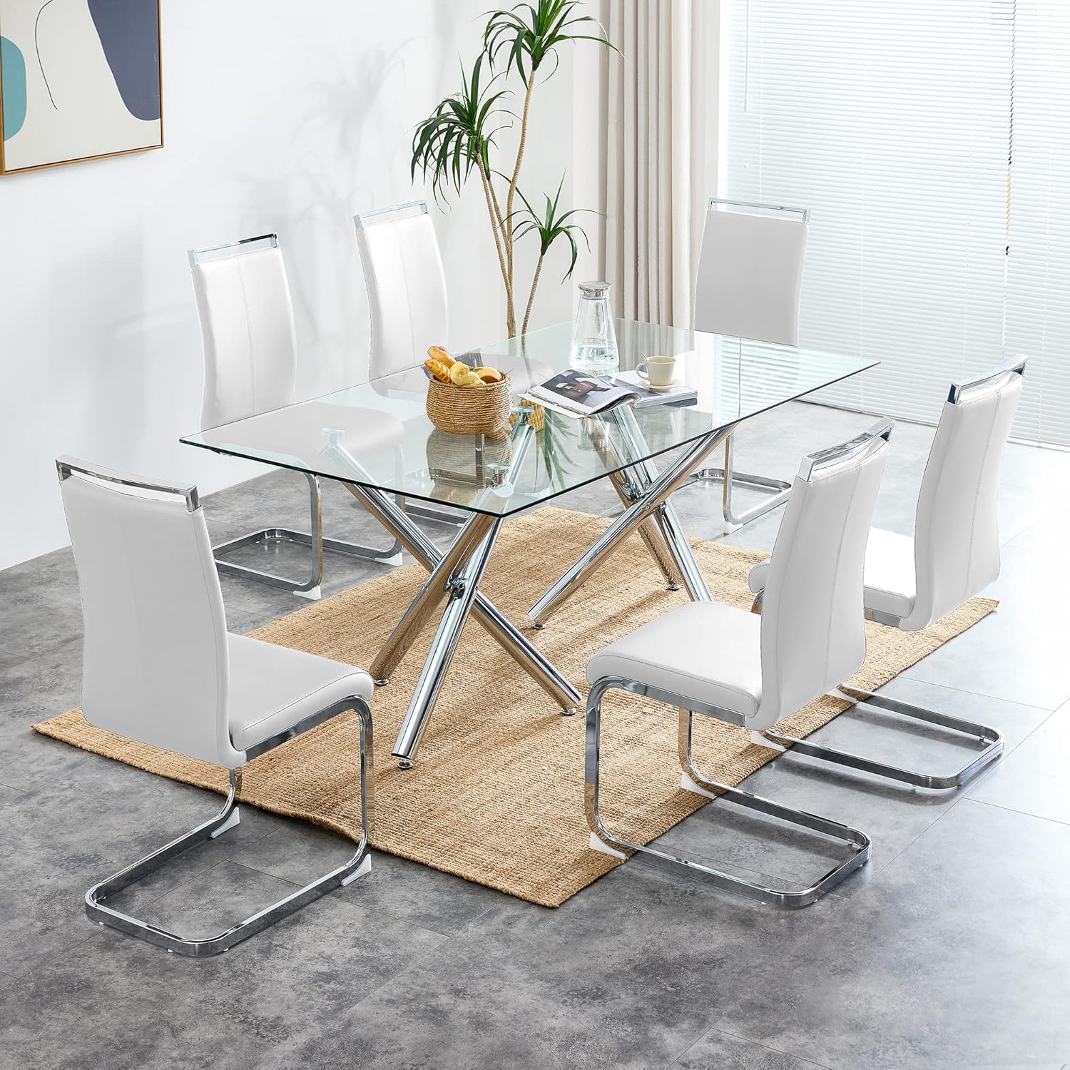 Amazon.com - AZmac Glass Dining Table Set for 6, 71 Inch Dining Room ...