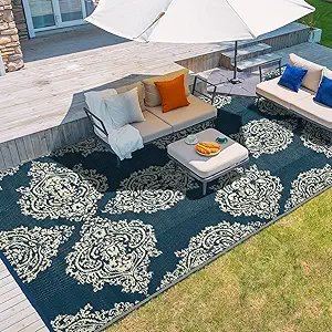 wikiwiki Outdoor Rug, 9x12ft Waterproof Reversible Mat Indoor Outdoor Rugs Carpet, Large Area Rug Plastic Straw Rug for Patio Deck Balcony Pool RV Camping Beach Picnic, Blue & Beige