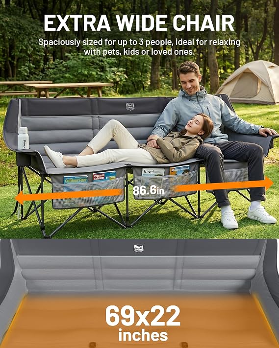 Timber Ridge 3 Person Camping Chair Supports to 1050lbs, Portable Camp Couch Padded Camping Chairs, Outdoor Oversized Folding Loveseat Perfect for Campsites, Patio/Lawn, Soccer Games, Grey | Supports to 1050lbs, Comfortable Padded Loveseat with Storage Pockets for Camping, Concert, Patio/Lawn, Outdoor Spotrs, Grey