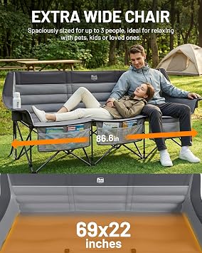 Timber Ridge 3 Person Camping Chair Supports to 1050lbs, Portable Camp Couch Padded Camping Chairs, Outdoor Oversized Folding Loveseat Perfect for Campsites, Patio/Lawn, Soccer Games, Grey | Supports to 1050lbs, Comfortable Padded Loveseat with Storage Pockets for Camping, Concert, Patio/Lawn, Outdoor Spotrs, Grey